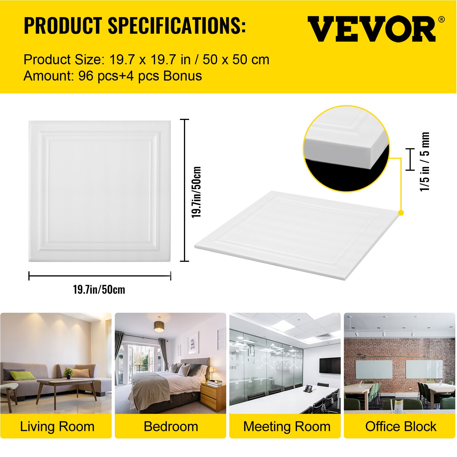 VEVOR Foam Ceiling Tiles, 19.7" x 19.7" Glueup Ceiling Tiles, 100 pcs