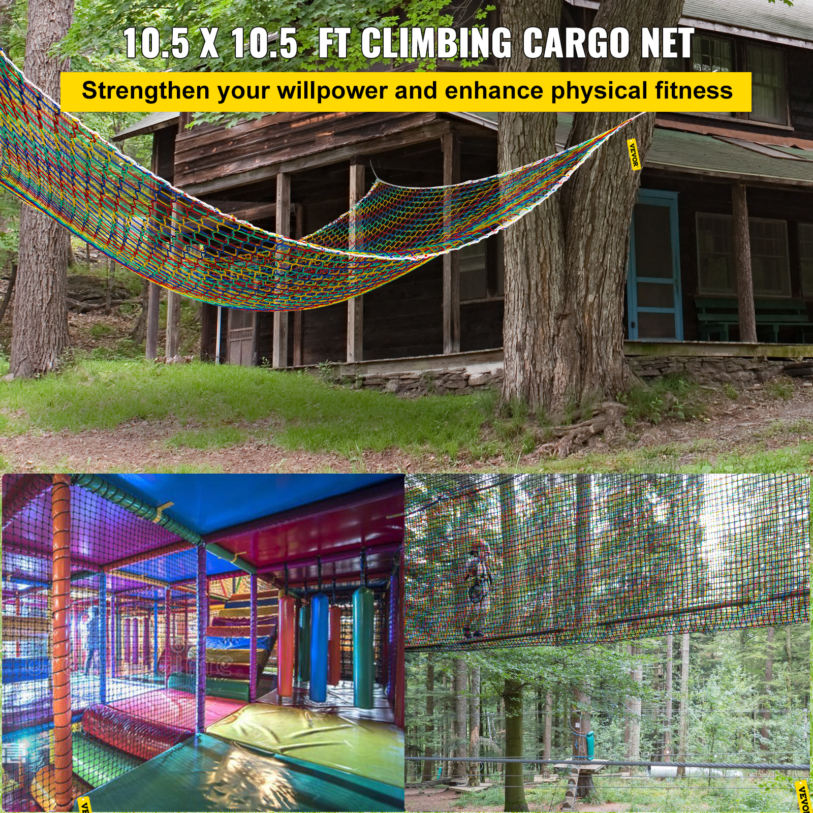 VEVOR Climbing Cargo Net Playground Climbing Cargo Net 10.5' x 10.5' Rainbow VEVOR US