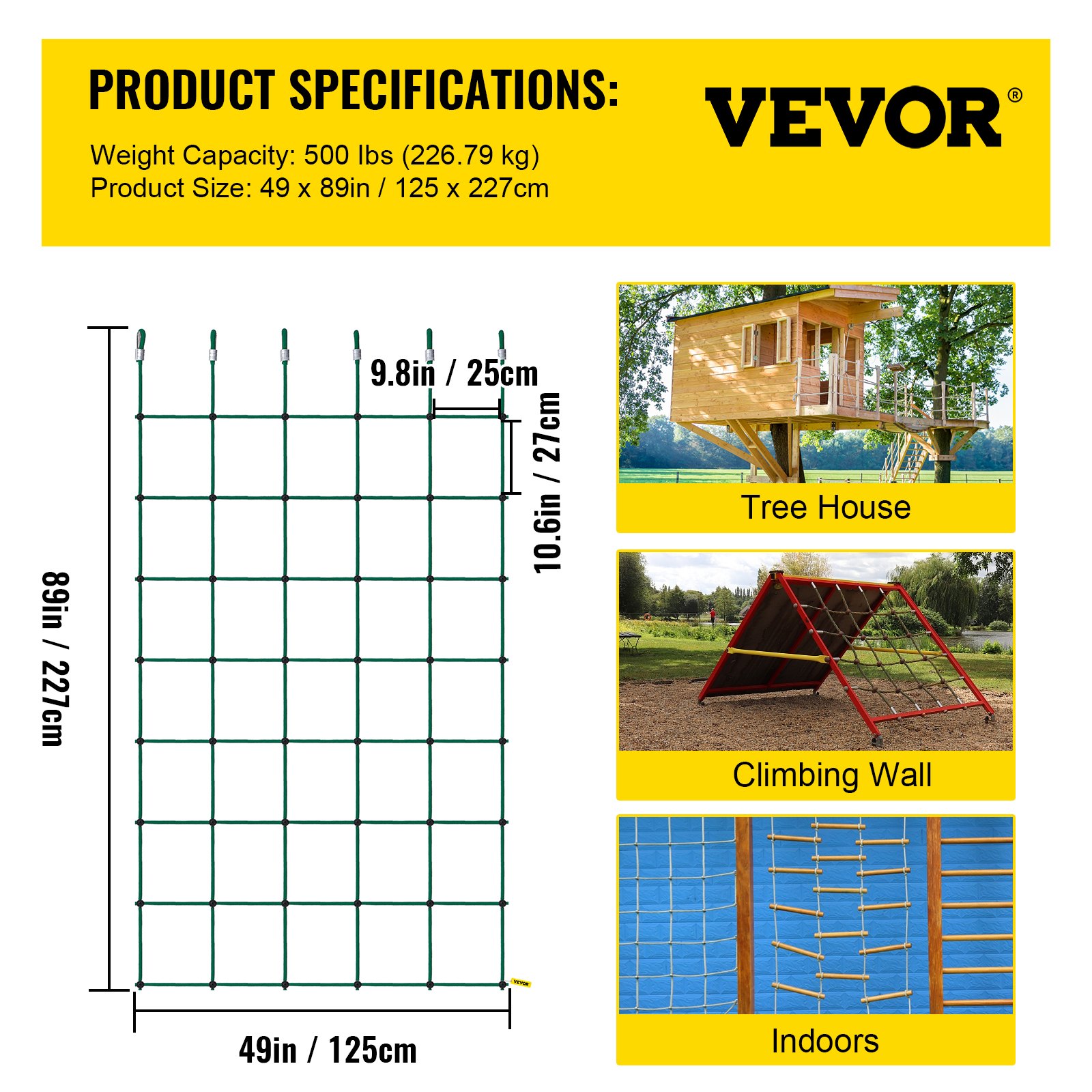 VEVOR Climbing Cargo Net Climbing Net 49" x 89" Playground Rope Ladder