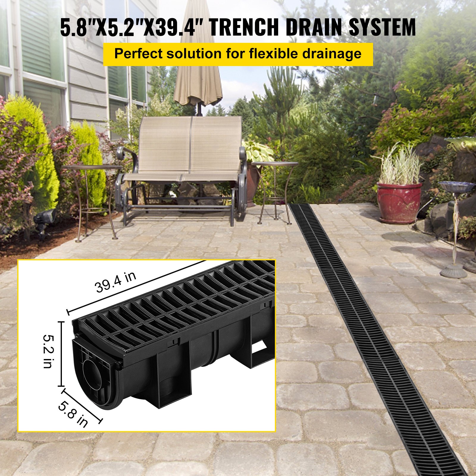 VEVOR Trench Drain System,5.8x5.2x39.4-Inch HDPE Drainage Trench ...