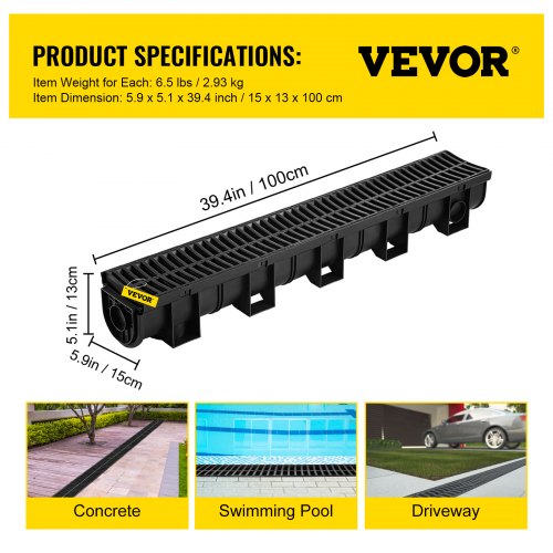 VEVOR Trench Drain System, Channel Drain with Plastic Grate, 5.9x5.1 ...