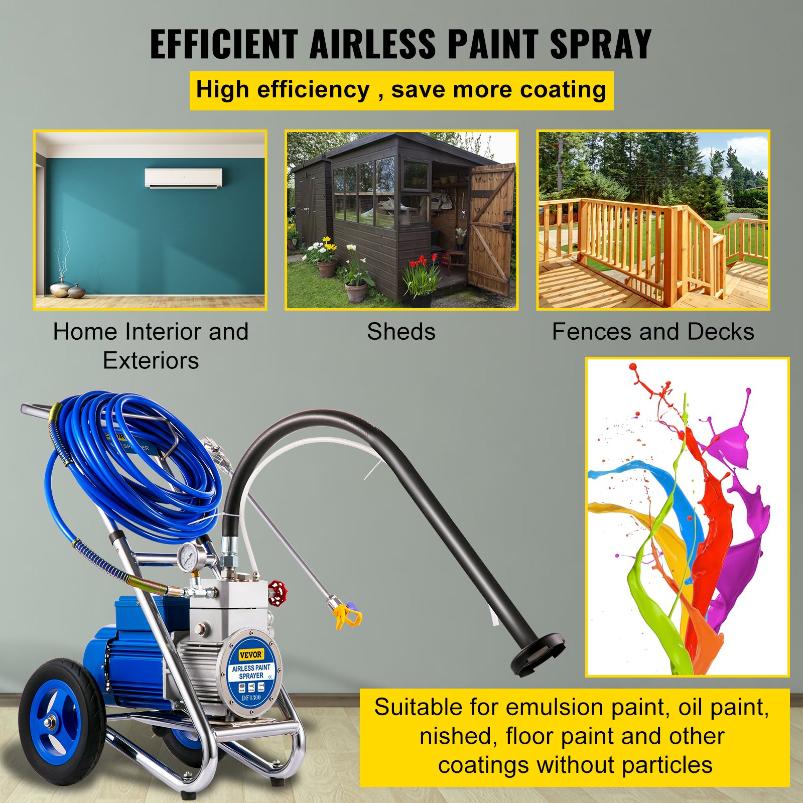 VEVOR Airless Paint Sprayer, 1500W High Efficiency Cart Airless Paint