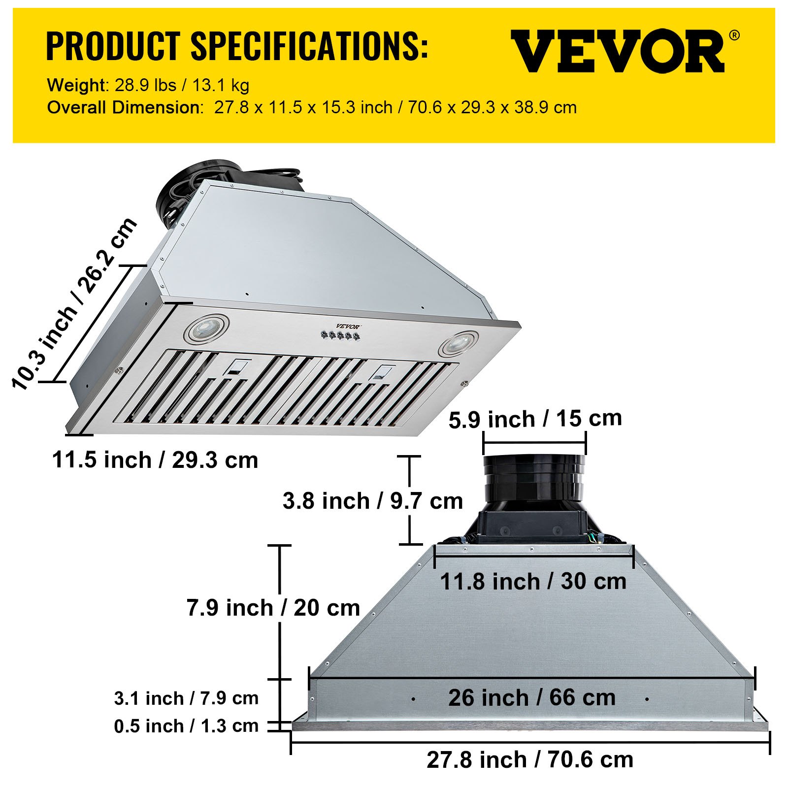 VEVOR Insert Range Hood, 800CFM 3Speed,900CFM 4Speed,Stainless Steel