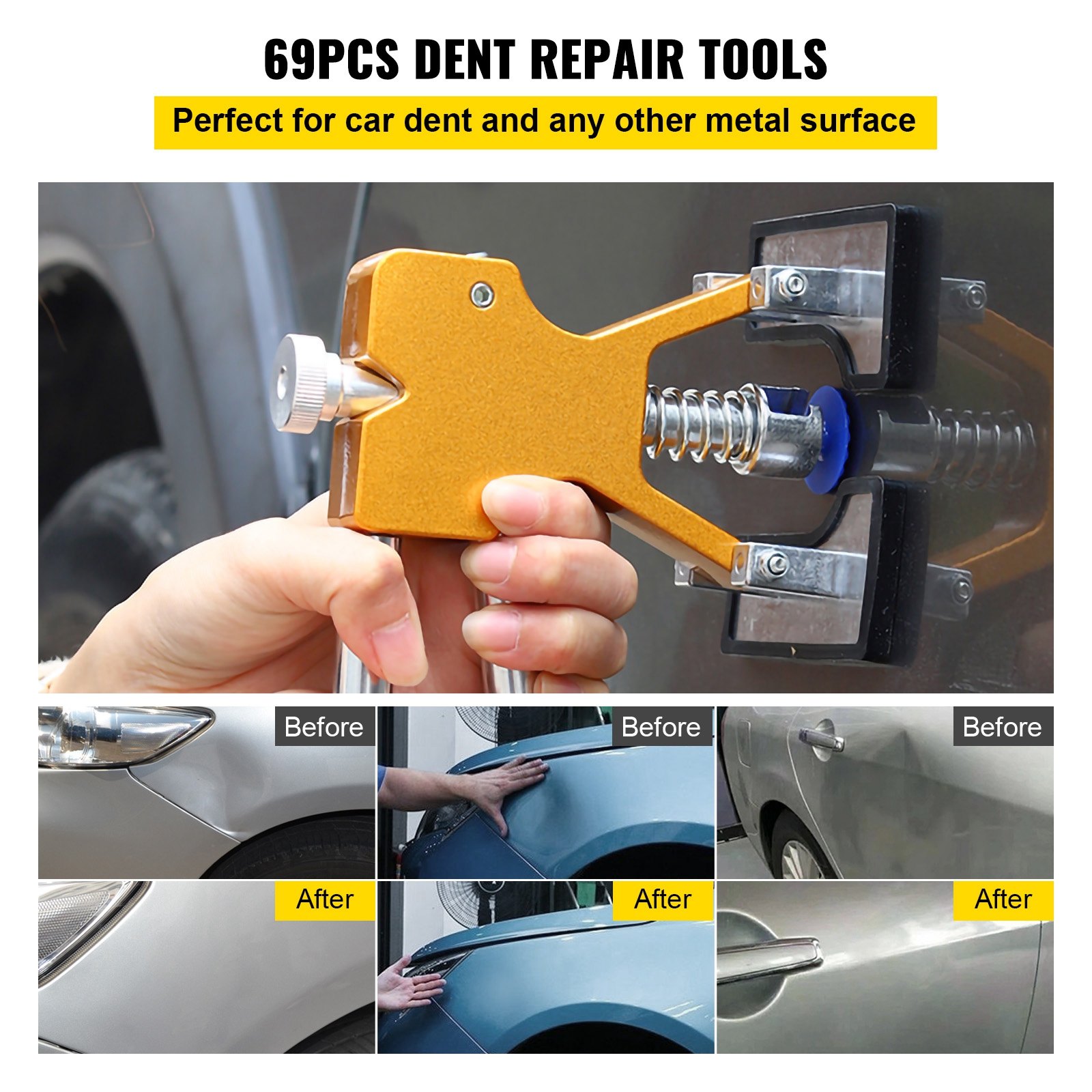 VEVOR Dent Removal Tool, 69 Pcs Paintless Dent Repair Tools, Golden Lifter Car Dent Repair Kit