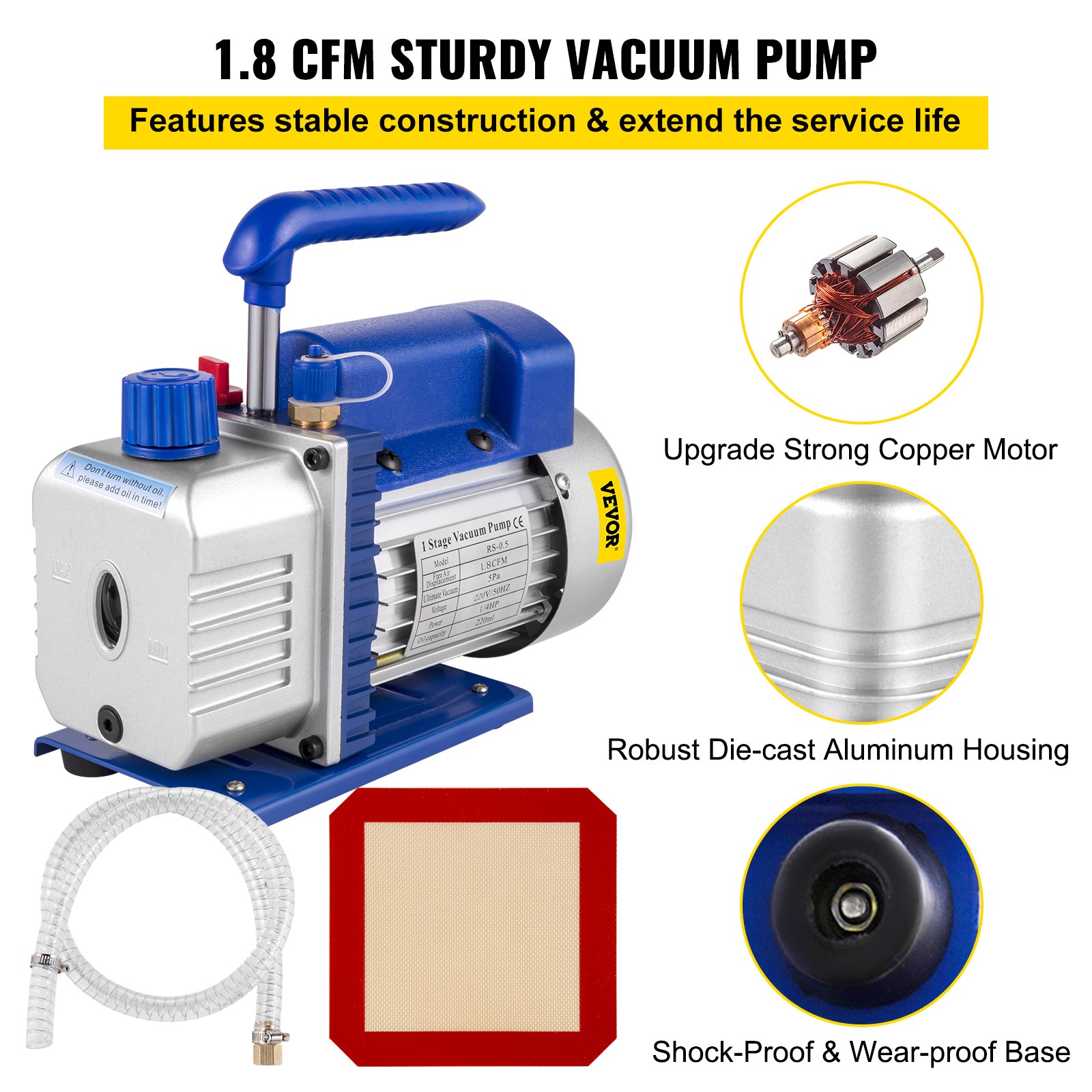 VEVOR 1.8 CFM 1/4 HP 1 Stage Air Conditioner Vacuum Pump With 2 Gallon