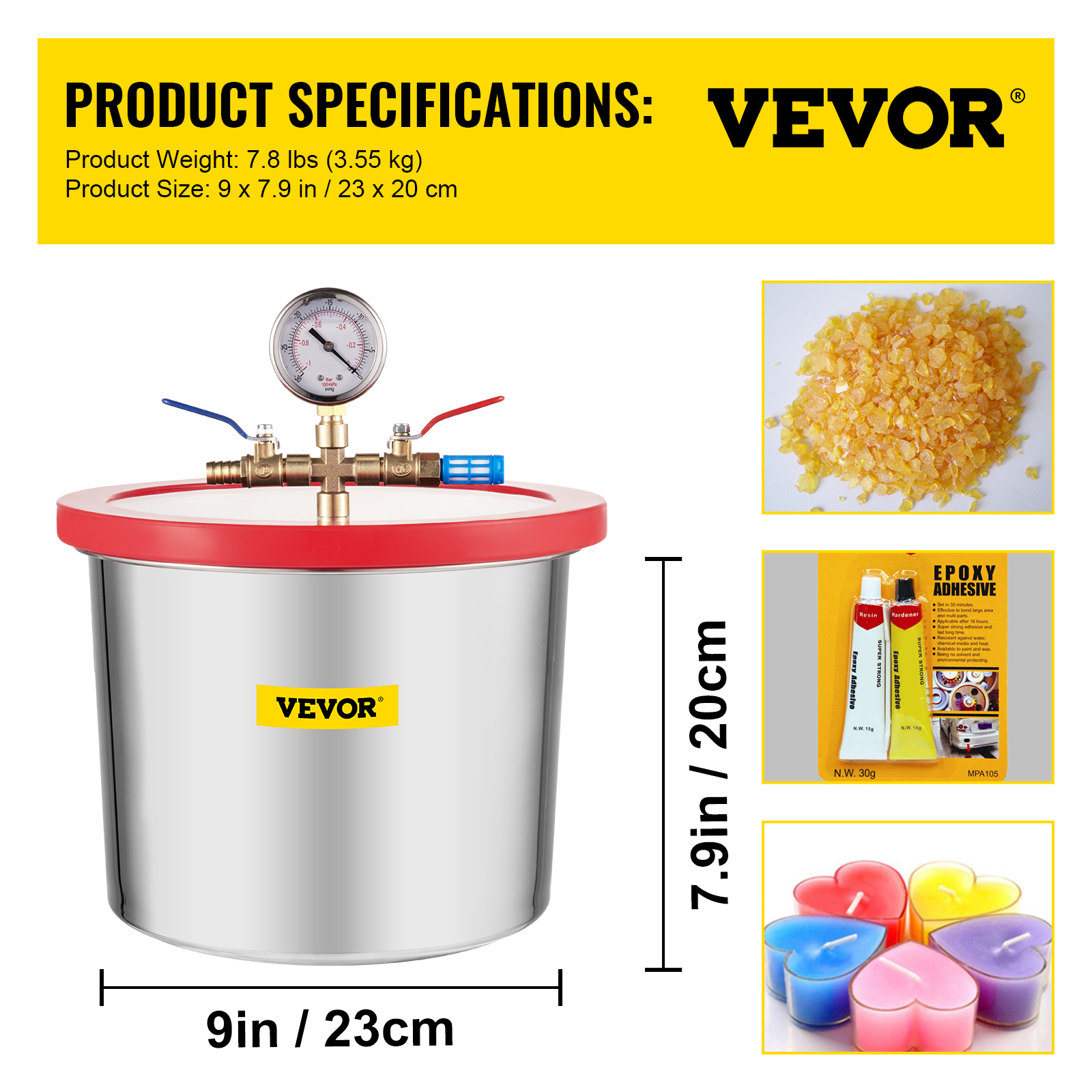 2 Gallon Vacuum Degassing Chamber - 0.7" Thick Acrylic, Lab Vacuum Chamber For Silicone, Resin, Polyurethane (Includes Gauge & Hose)