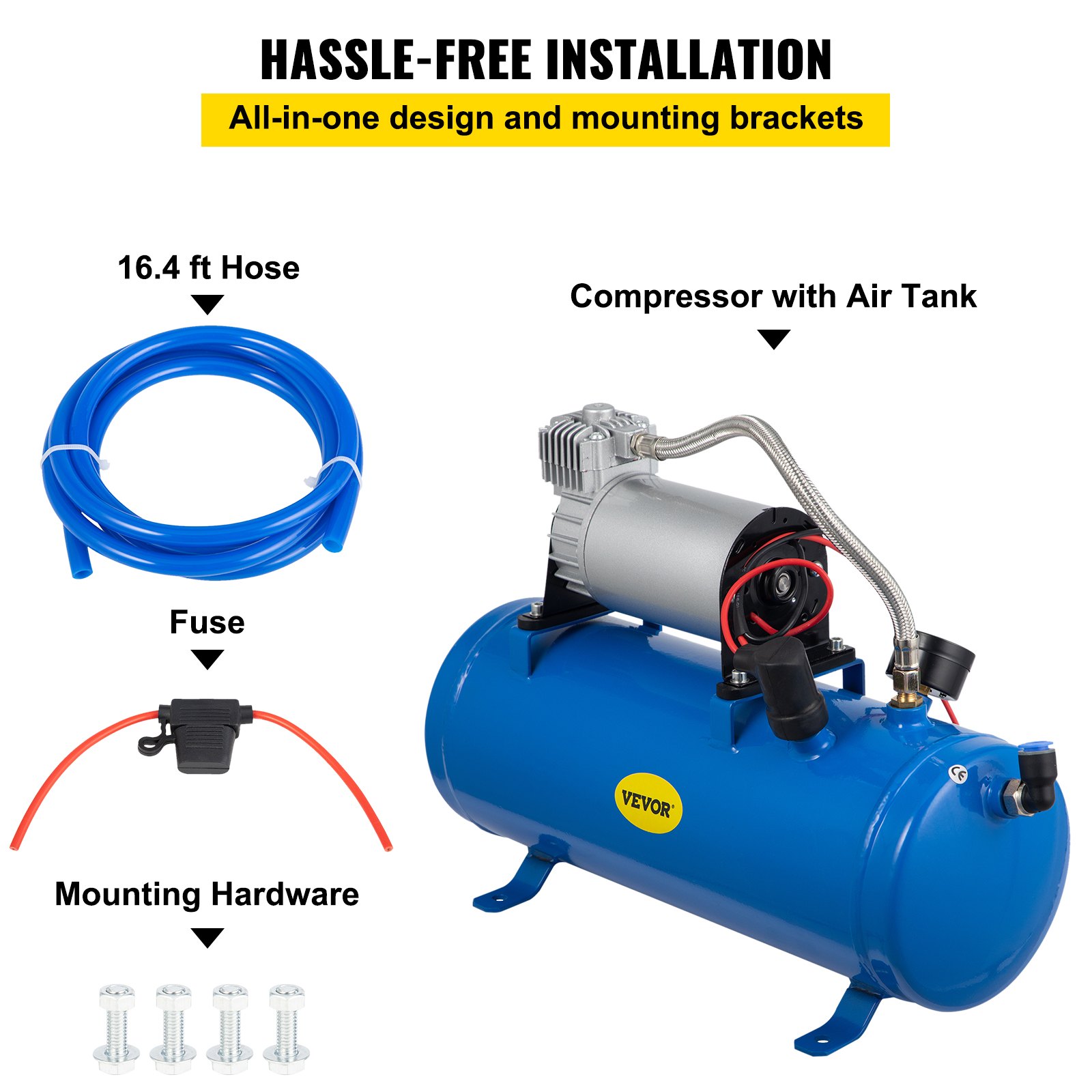 VEVOR 12V Train Horn Air Compressor with Tank 150PSI Air Car Compressor Portable Tire Inflator