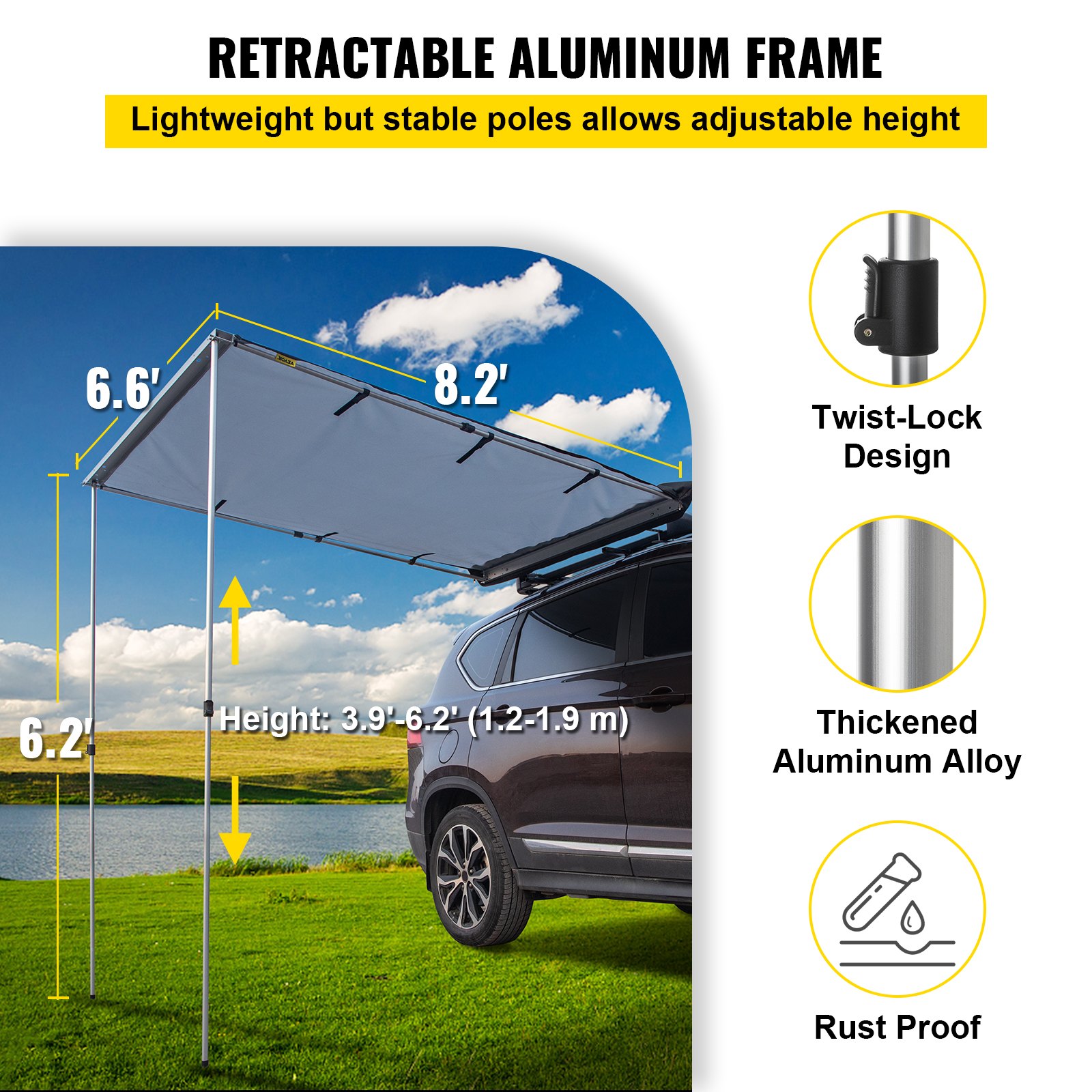 VEVOR Outdoor Retractable Car Side Awning, Thickened Aluminum Poles