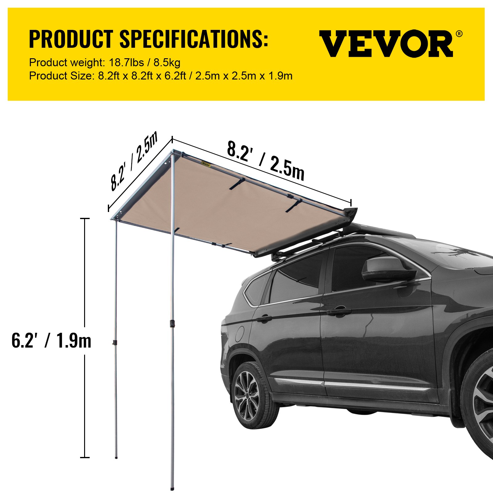 Vevor Car Awning Car Tent Retractable Waterproof Suv Rooftop Khaki 82