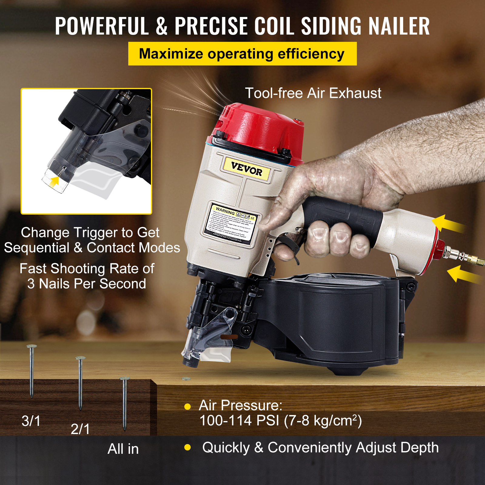 Cn70 Coil Nailer 13/4" To 23/4" 15 Degree Pneumatic Coil Roofing