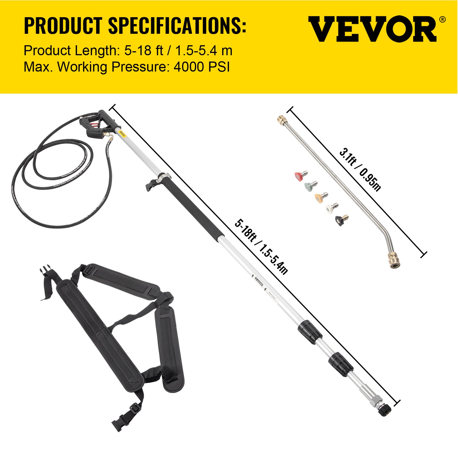 VEVOR Telescoping Pressure Washer Wand, 18ft Length Adjustable Power