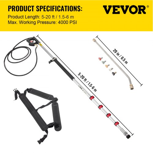 VEVOR Telescoping Washer Telescoping Pressure Wand 20 ft 4000 PSI w/ 5