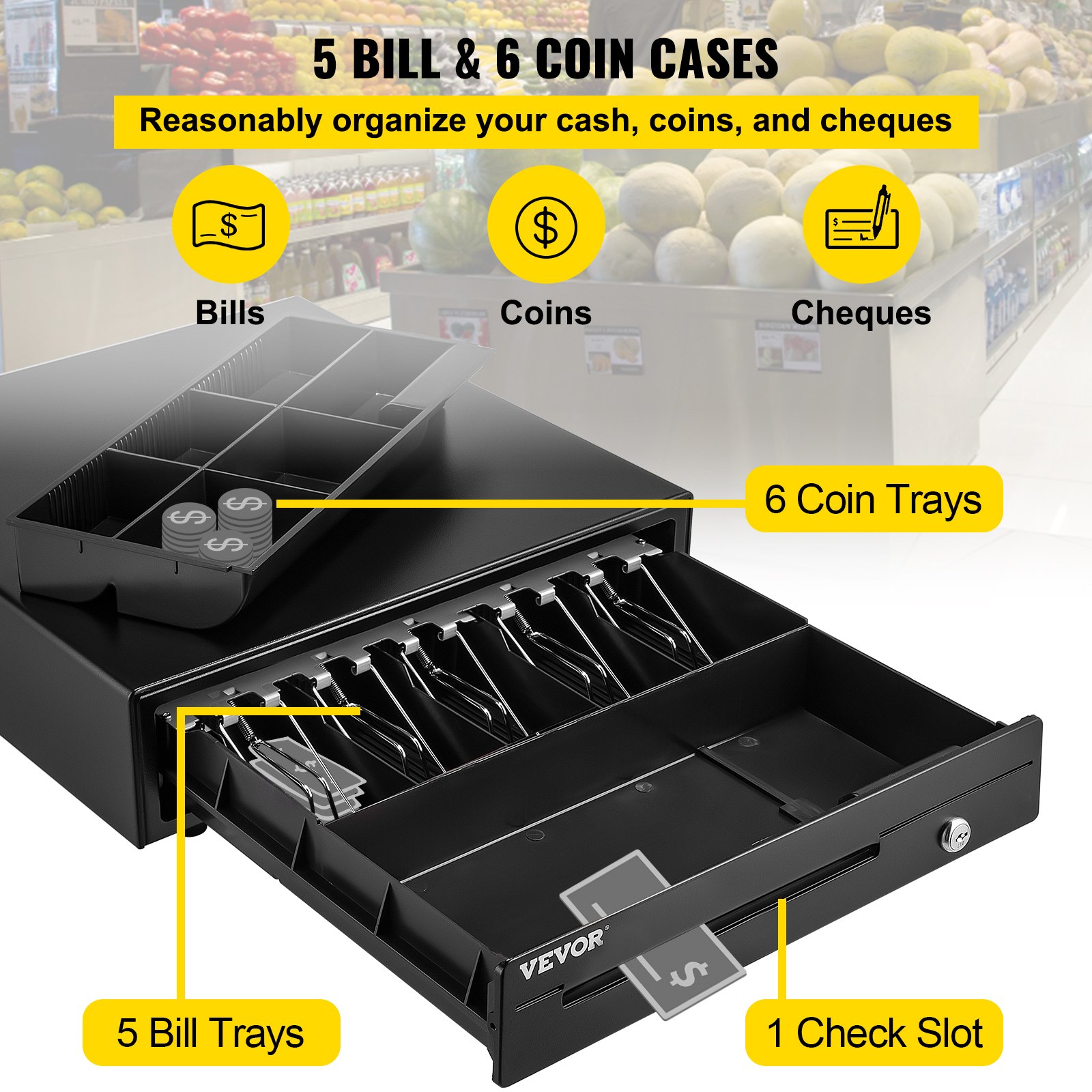 VEVOR Cash Drawer 16" Cash Register POS System 3 Unlocking Ways RJ11