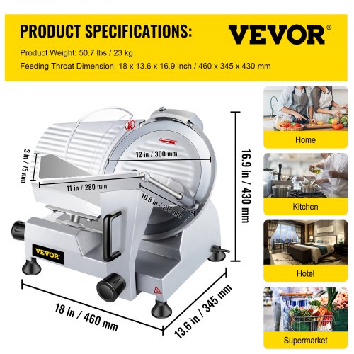 VEVOR Commercial Meat Slicer,12 inch Electric Meat Slicer SemiAuto
