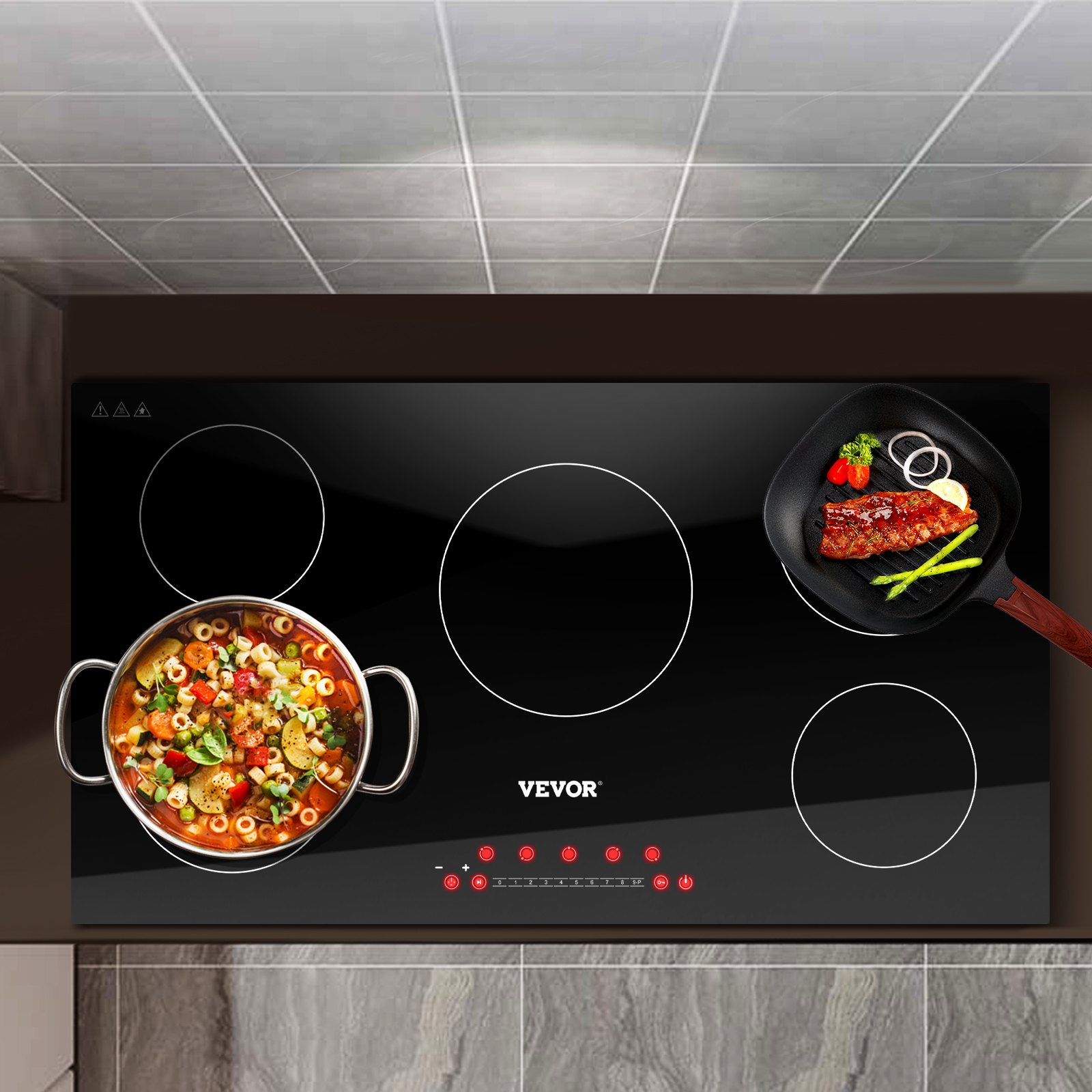 VEVOR Induction Cooktop, 35 inch 5 Burners, 7400W 240V Ceramic Glass Electric Stove Top with
