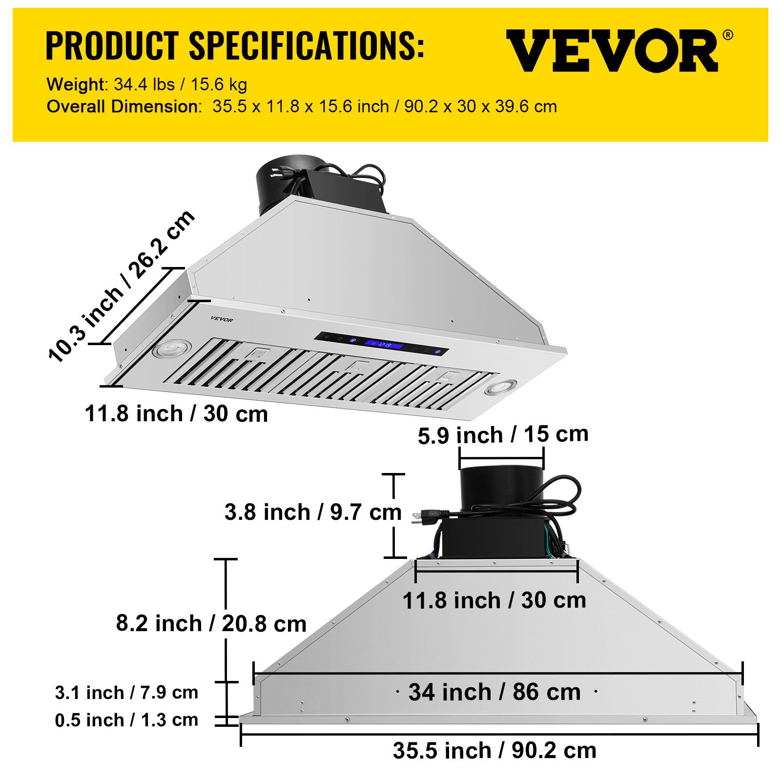 Insert Range Hood, 900CFM 4-Speed, 36 Inch Stainless Steel Built-in Kitchen Vent with Touch & Remote Control LED Lights Baffle Filters, Ducted/Ductless Convertible, ETL Listed
