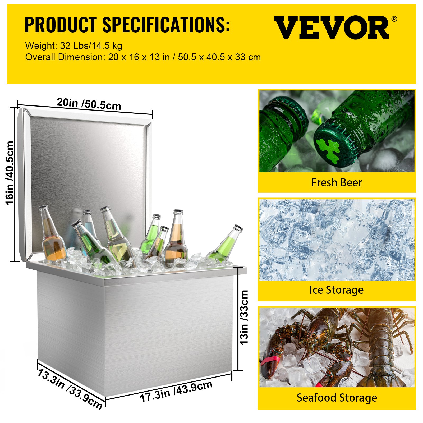 VEVOR Drop in Ice Chest 20''L x 16''W x 13''H Drop in Cooler Stainless
