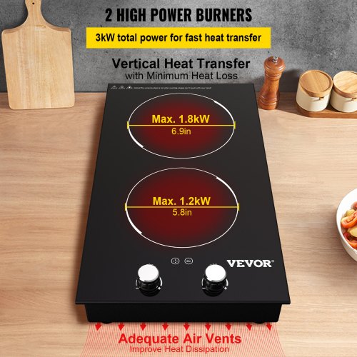 VEVOR Builtin Induction Cooktop, 12 inch 2 Burners, 220V Ceramic Glass Electric Stove Top with