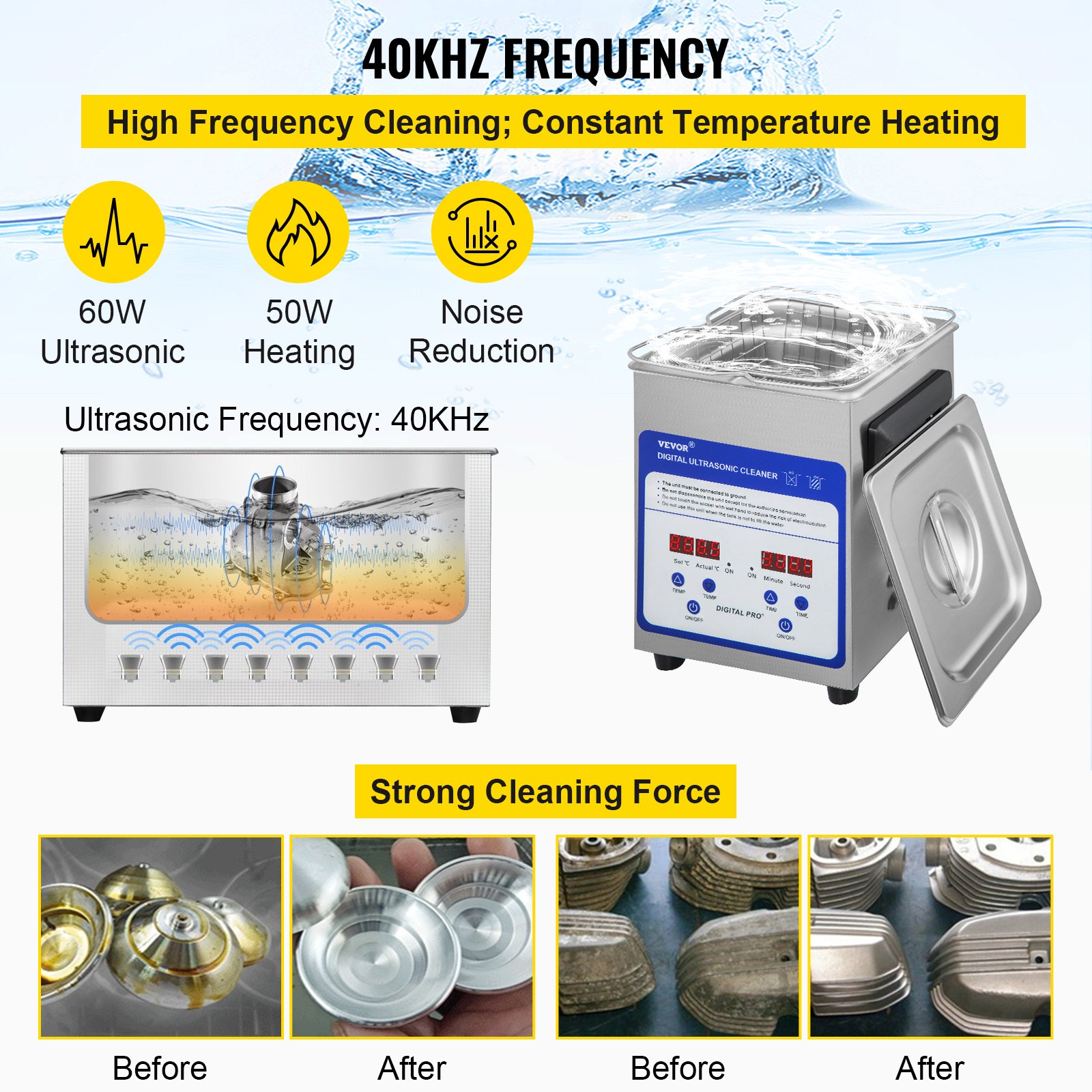 VEVOR Digital Ultrasonic Cleaner 2L Ultrasonic Cleaning Machine 40kHz Sonic Cleaner Machine 316
