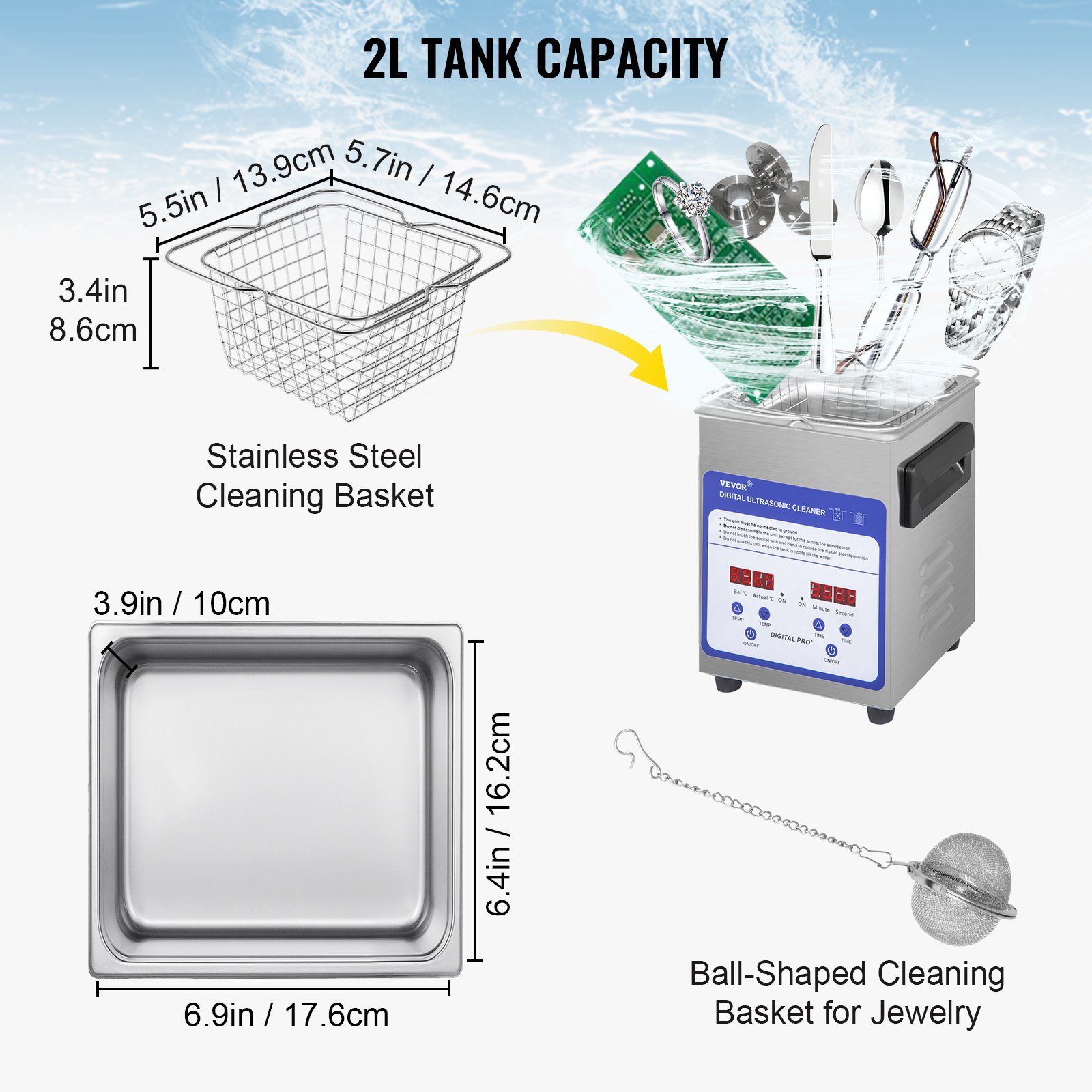 VEVOR Digital Ultrasonic Cleaner 2L Ultrasonic Cleaning Machine 40kHz Sonic Cleaner Machine 316