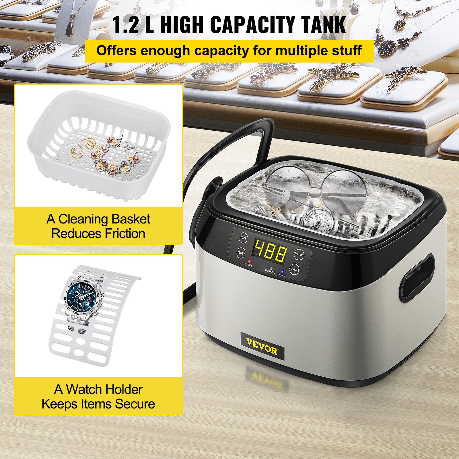 VEVOR Ultrasonic Machine, 1.2L Ultrasound Cleaner Machine, 40KHz Diamond Cleaner, 4 Buttons
