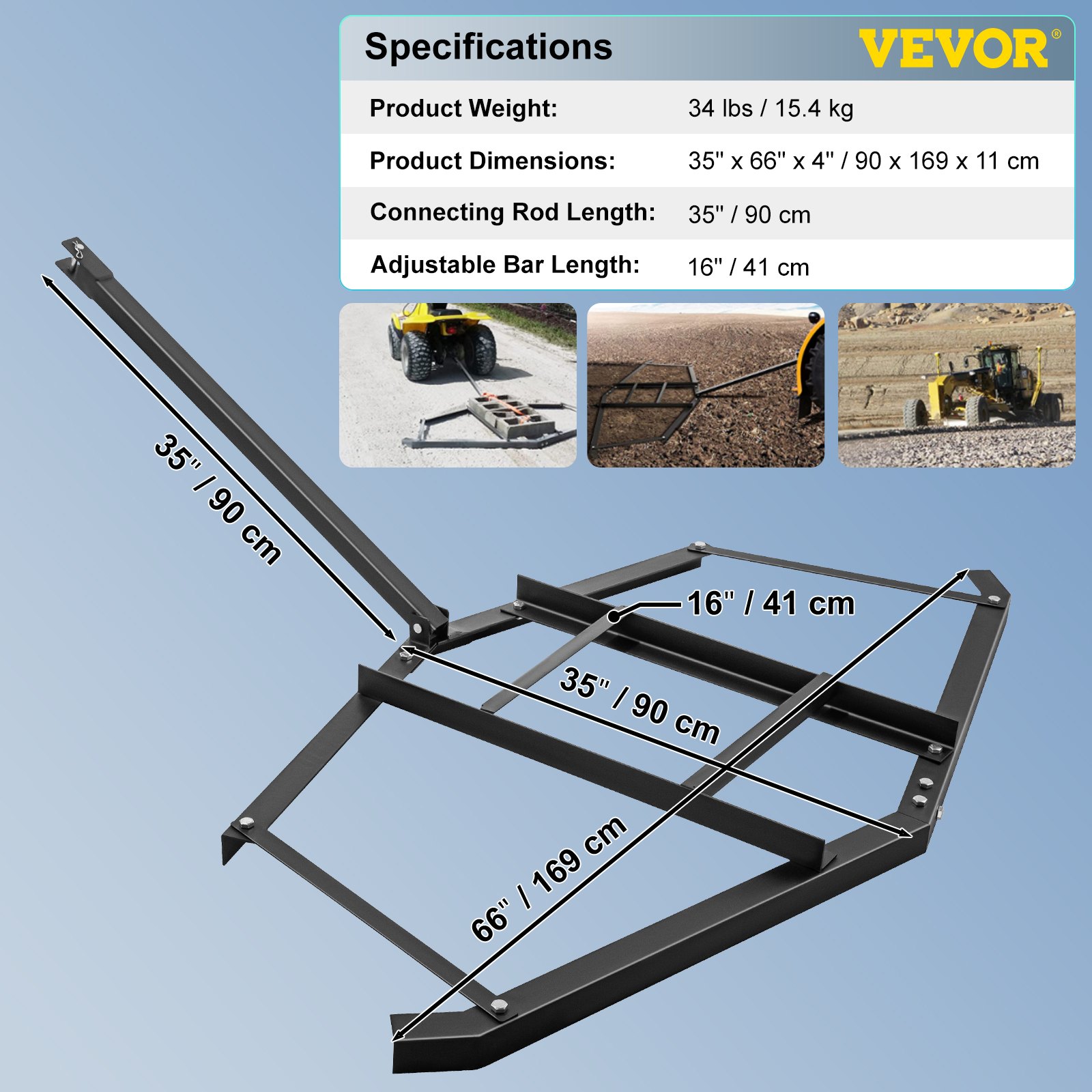 VEVOR Driveway Drag 66" Width, Tow Behind Drag Harrow 35" Length, 4