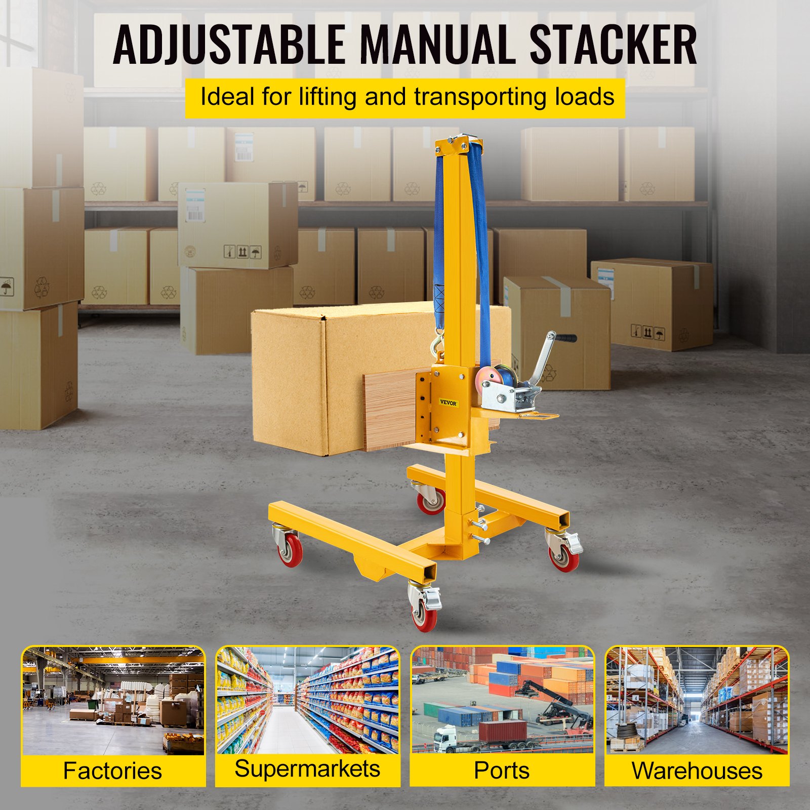 VEVOR Manual Winch Stacker, 9.4" 72" Height Range, 19.7" Length x 15.7" Width Platform, Steel