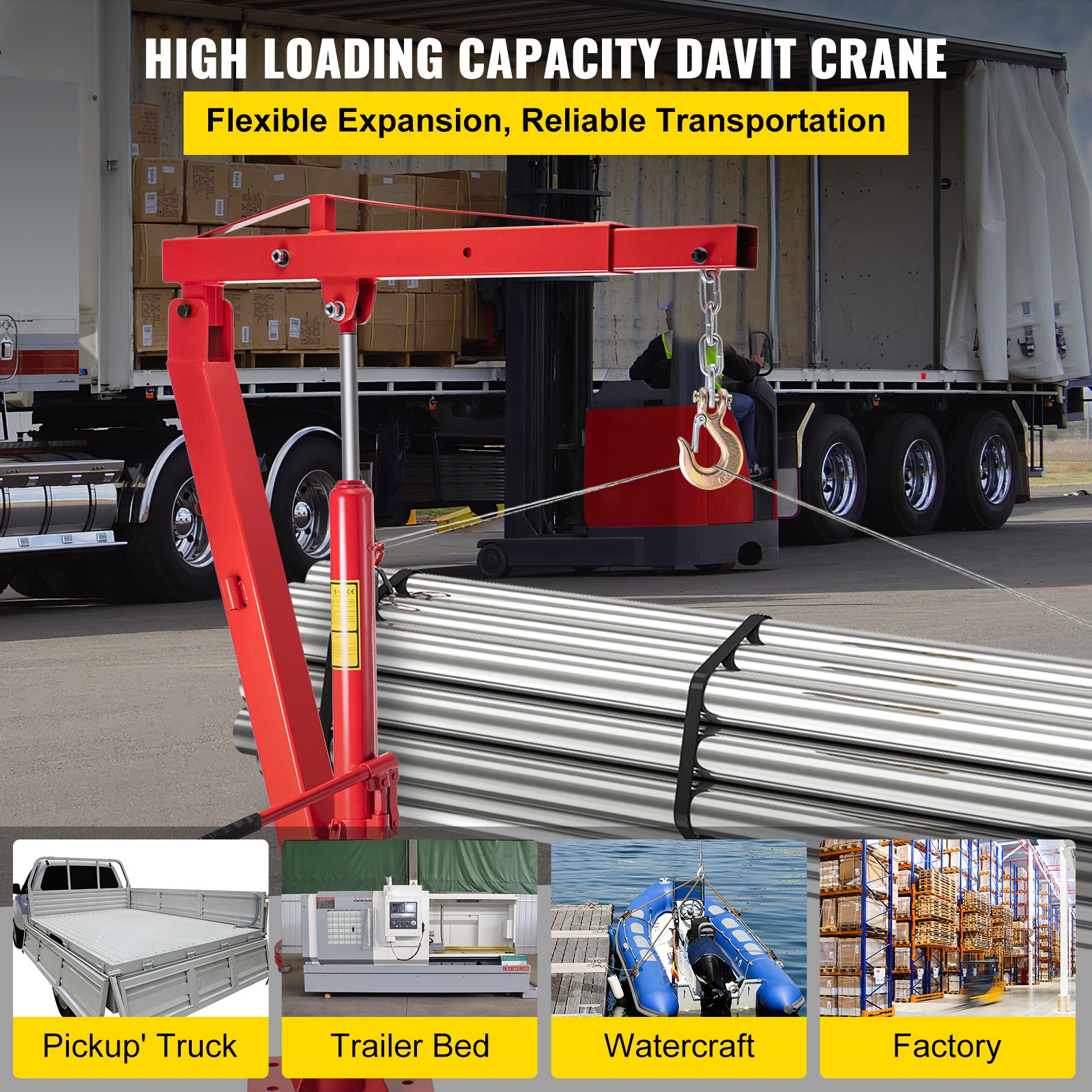 VEVOR Davit Crane, 2000lbs Pickup Truck Crane, 360°Swivel Design, Hydraulic Crane Hoist
