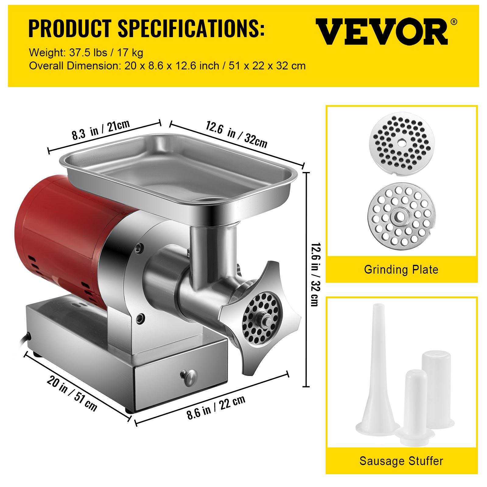 VEVOR Electric Meat Grinder, 551 Lbs/Hour 850 W Meat Grinder Machine, 1