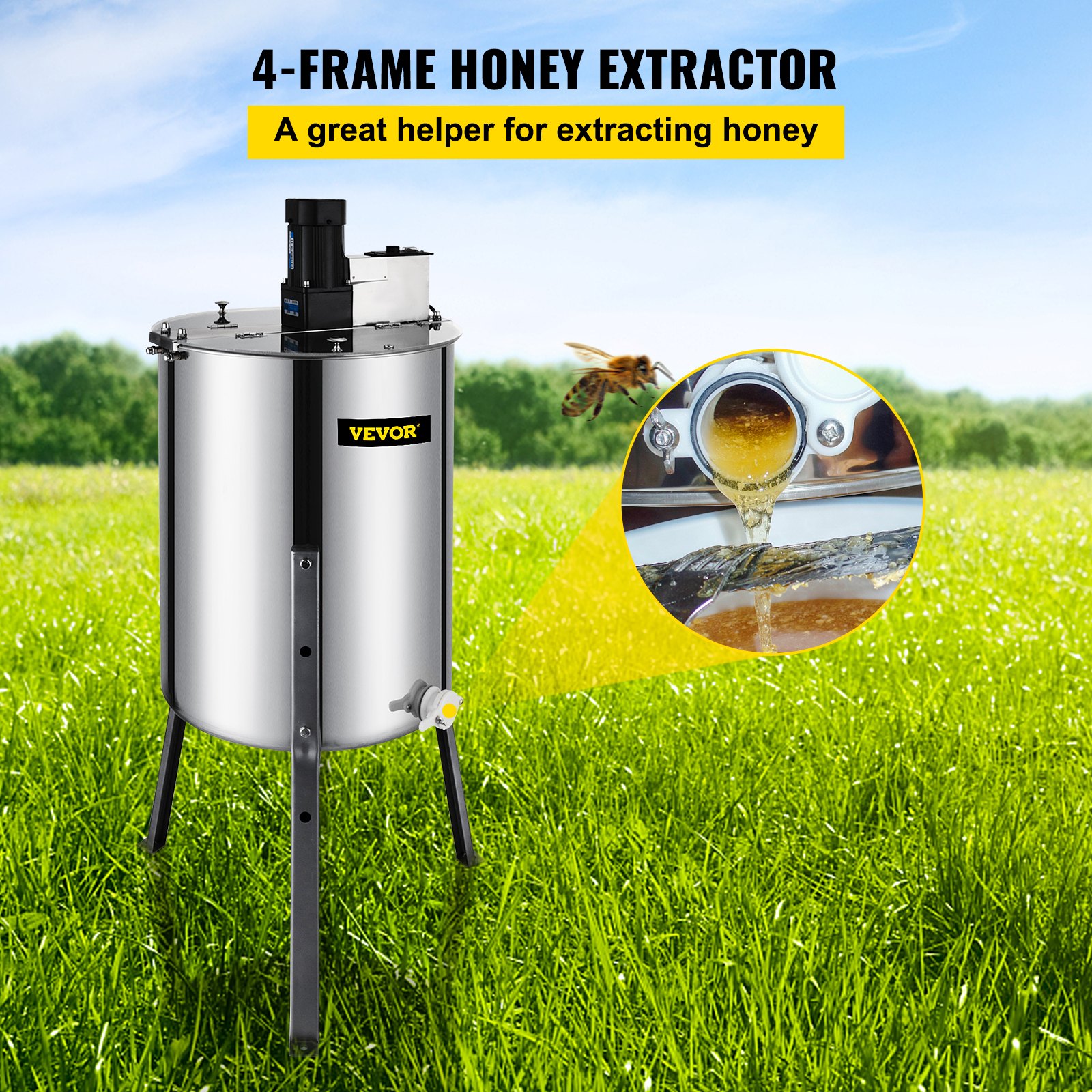 VEVOR Electric Honey Extractor 4 Frames Stainless Steel with 3