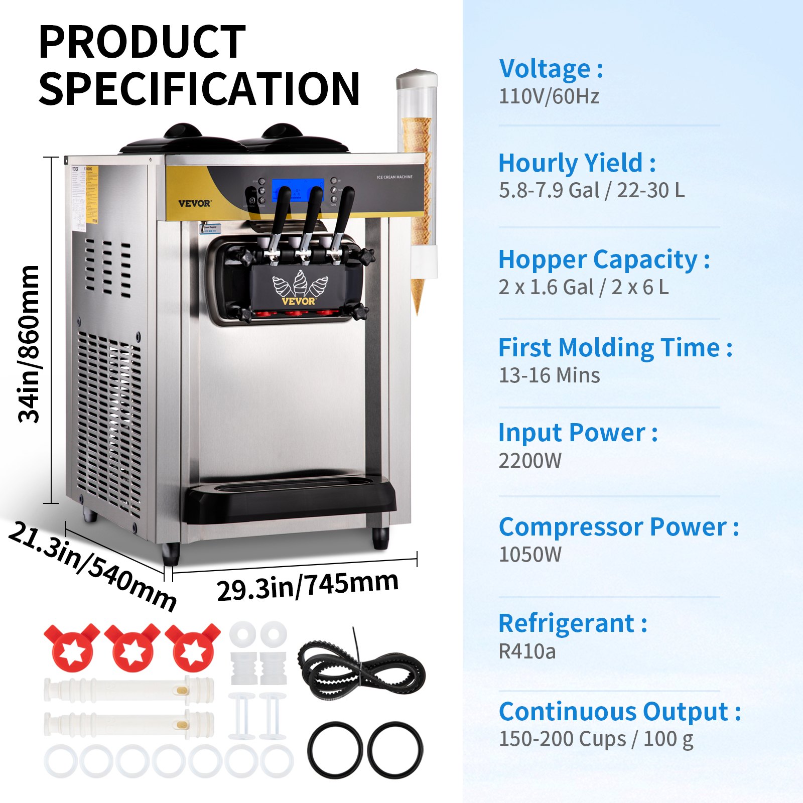 Vevor Commercial Ice Cream Maker 22 30lh Yield 2200w Countertop Soft Serve Machine W 2x6l