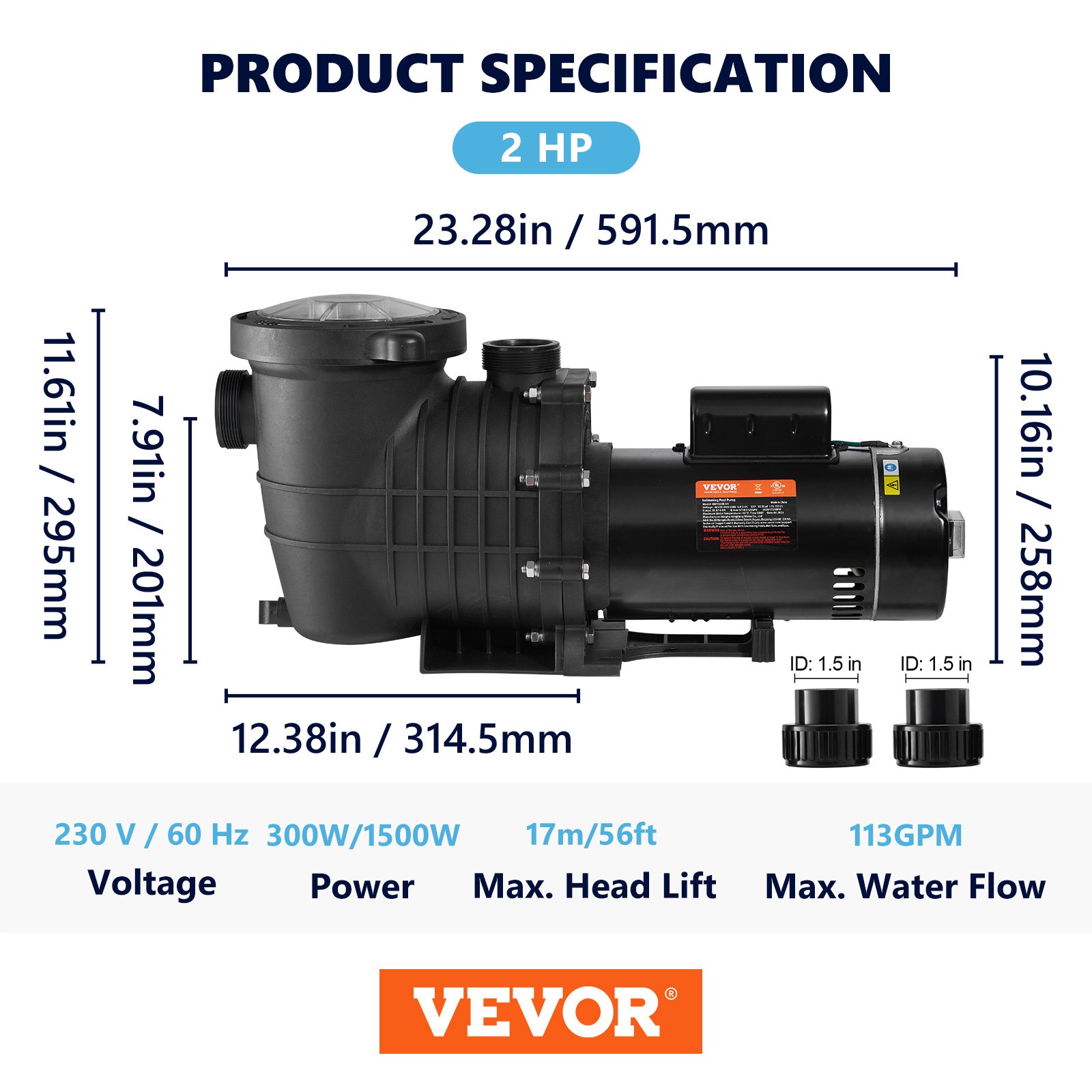 VEVOR Pool Pump 2.0HP 230V, Variable Dual Speed Pumps 1500W, 5520 GPH