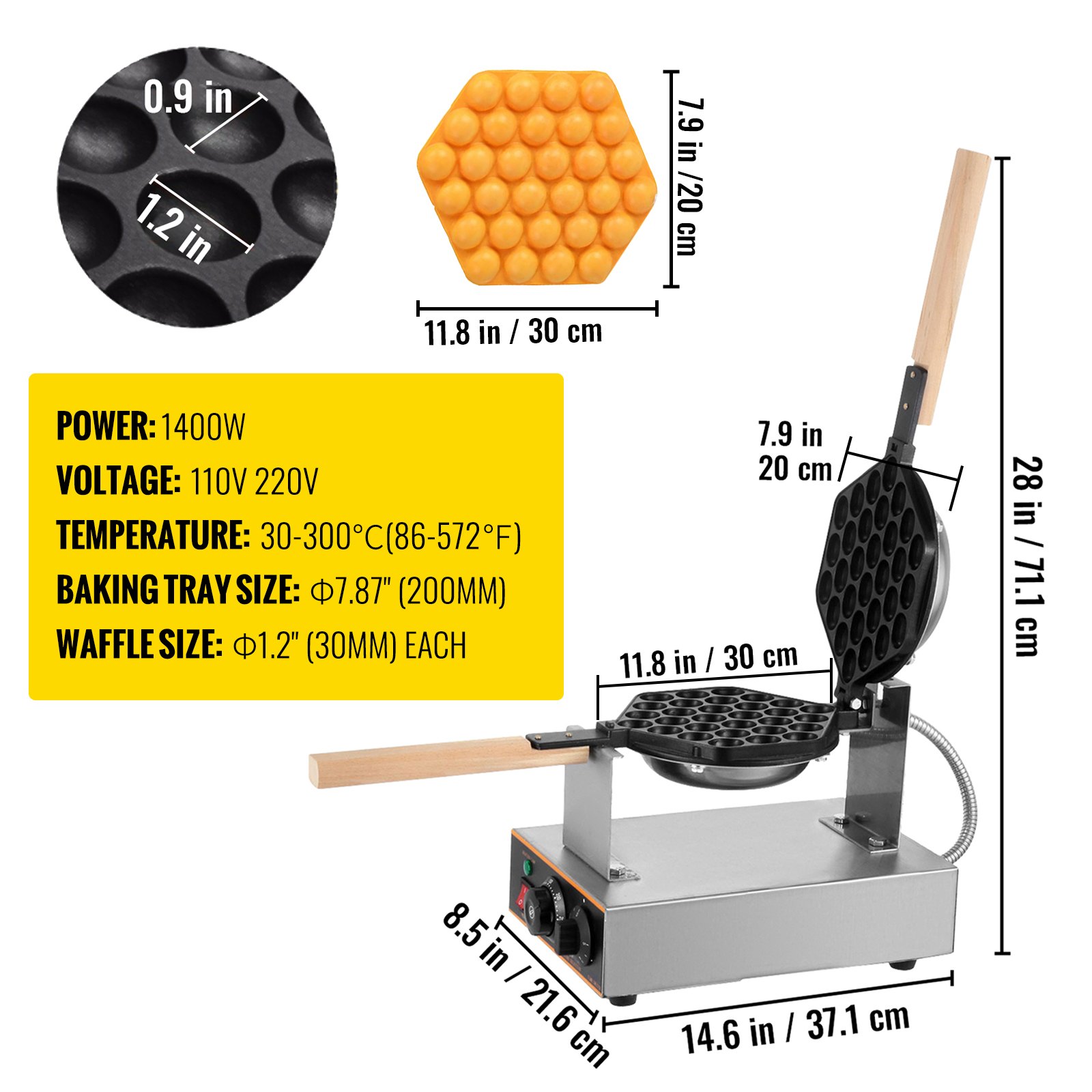 VEVOR Commercial Bubble Waffle Maker, 1400W Egg Bubble Puff Iron w/ 180 ...