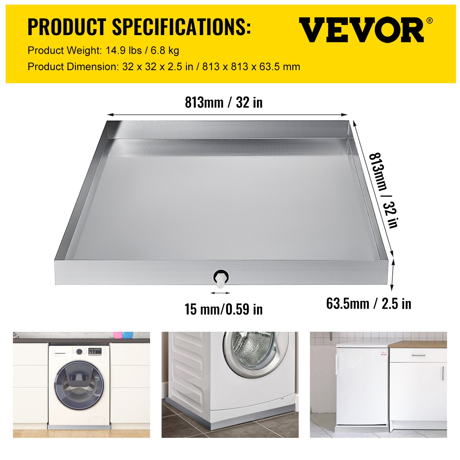 VEVOR Stainless Washing Machine Drain Pan 32" x 32" Heavy Duty Smooth