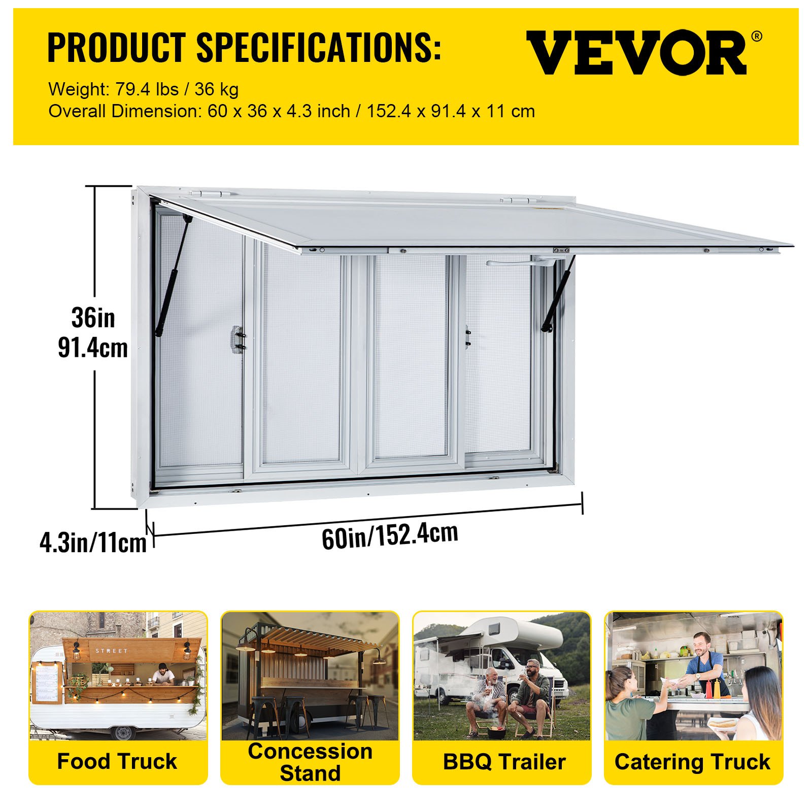 VEVOR Concession Window, 60 x 36 inch, Aluminum Alloy Food Truck