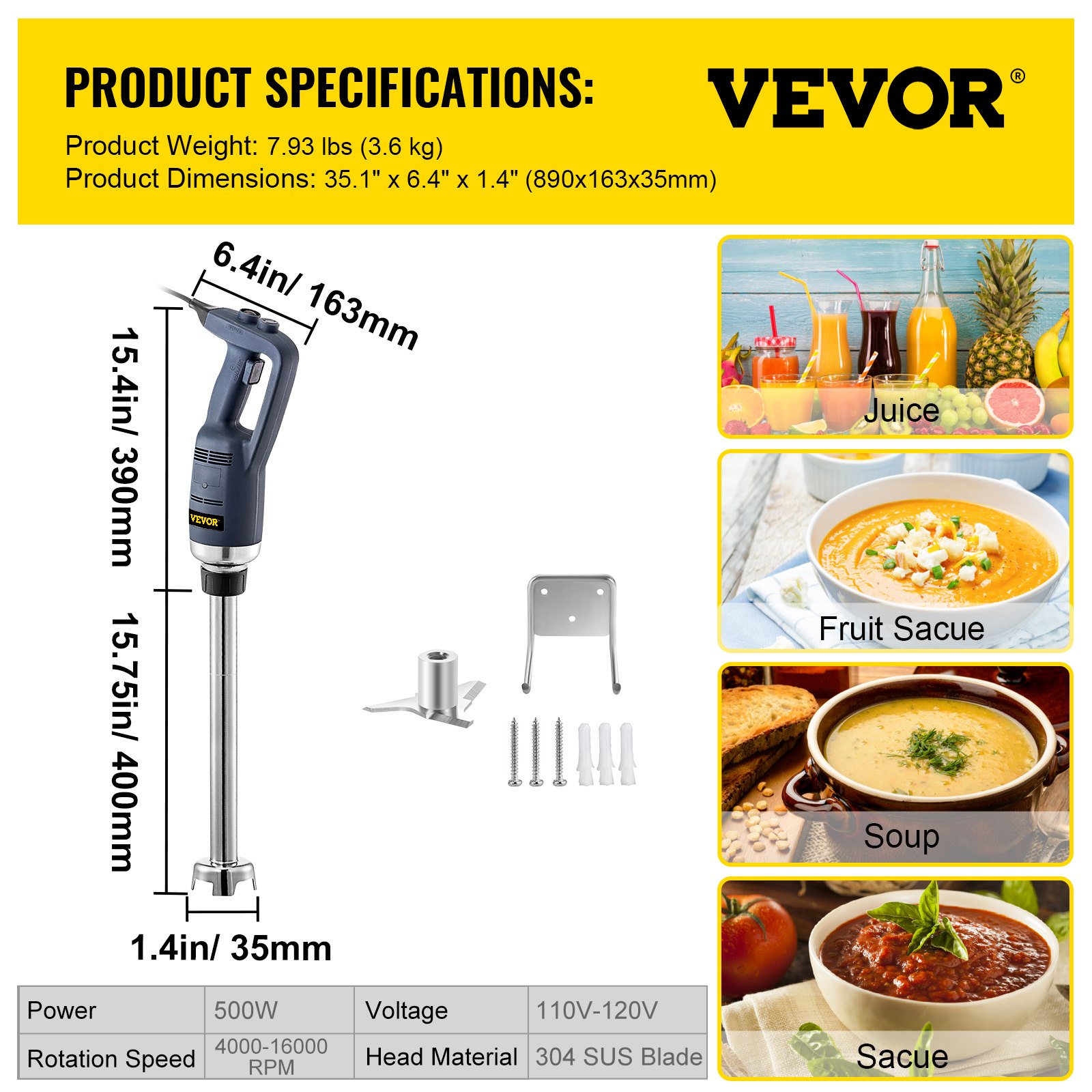 VEVOR Commercial Immersion Blender 500W Power, Hand Held Mixer with 15.