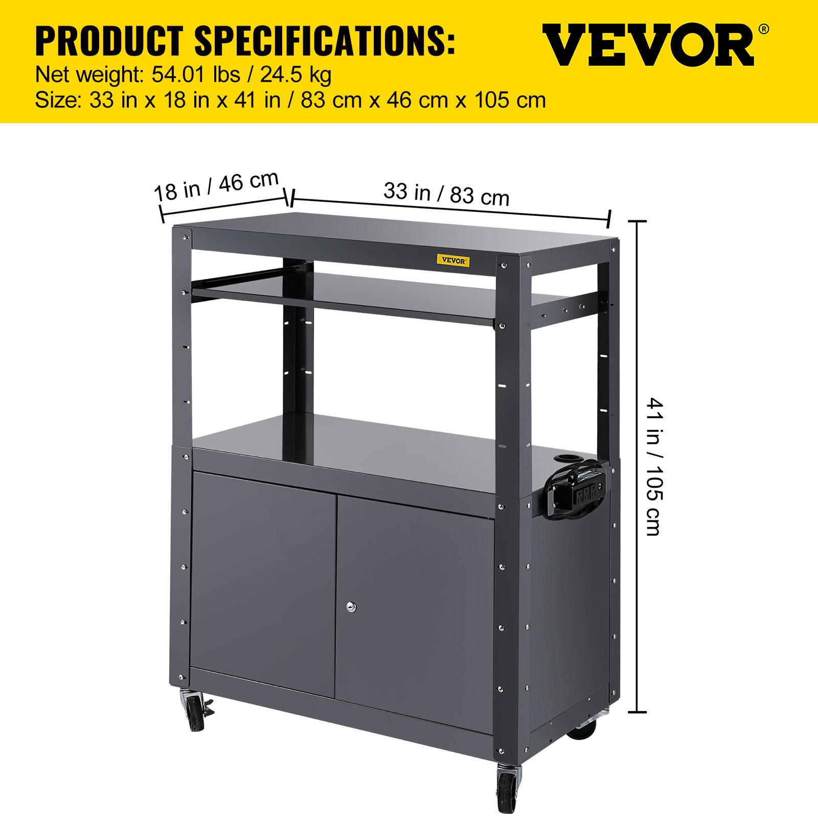 VEVOR AV Cart, 2741" Height Media Cart with Power Strip, 33 x 18