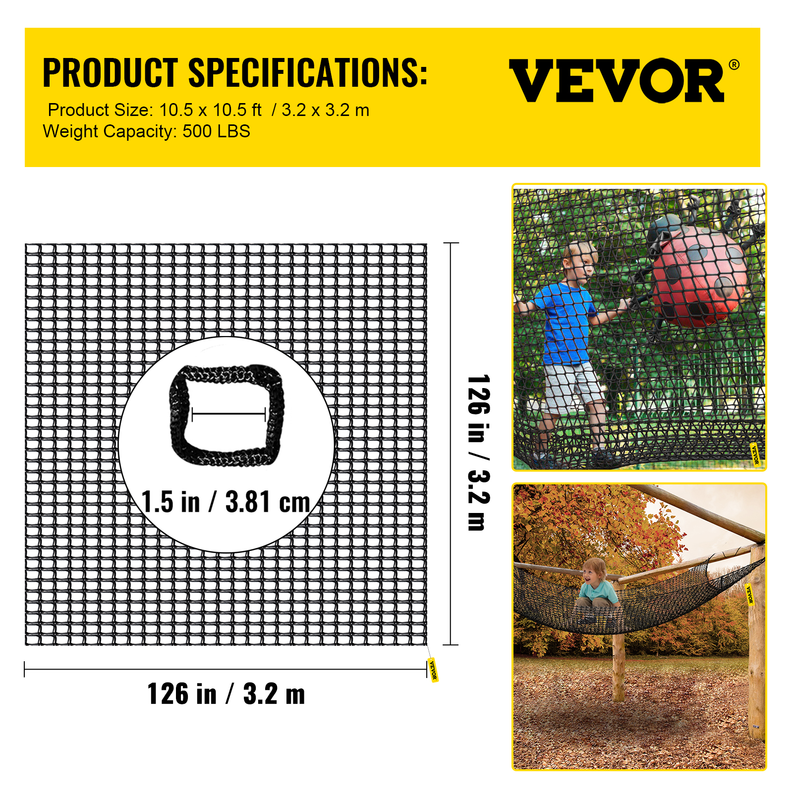 VEVOR Climbing Cargo Net Playground Climbing Cargo Net 10.5 x 10.5 ft