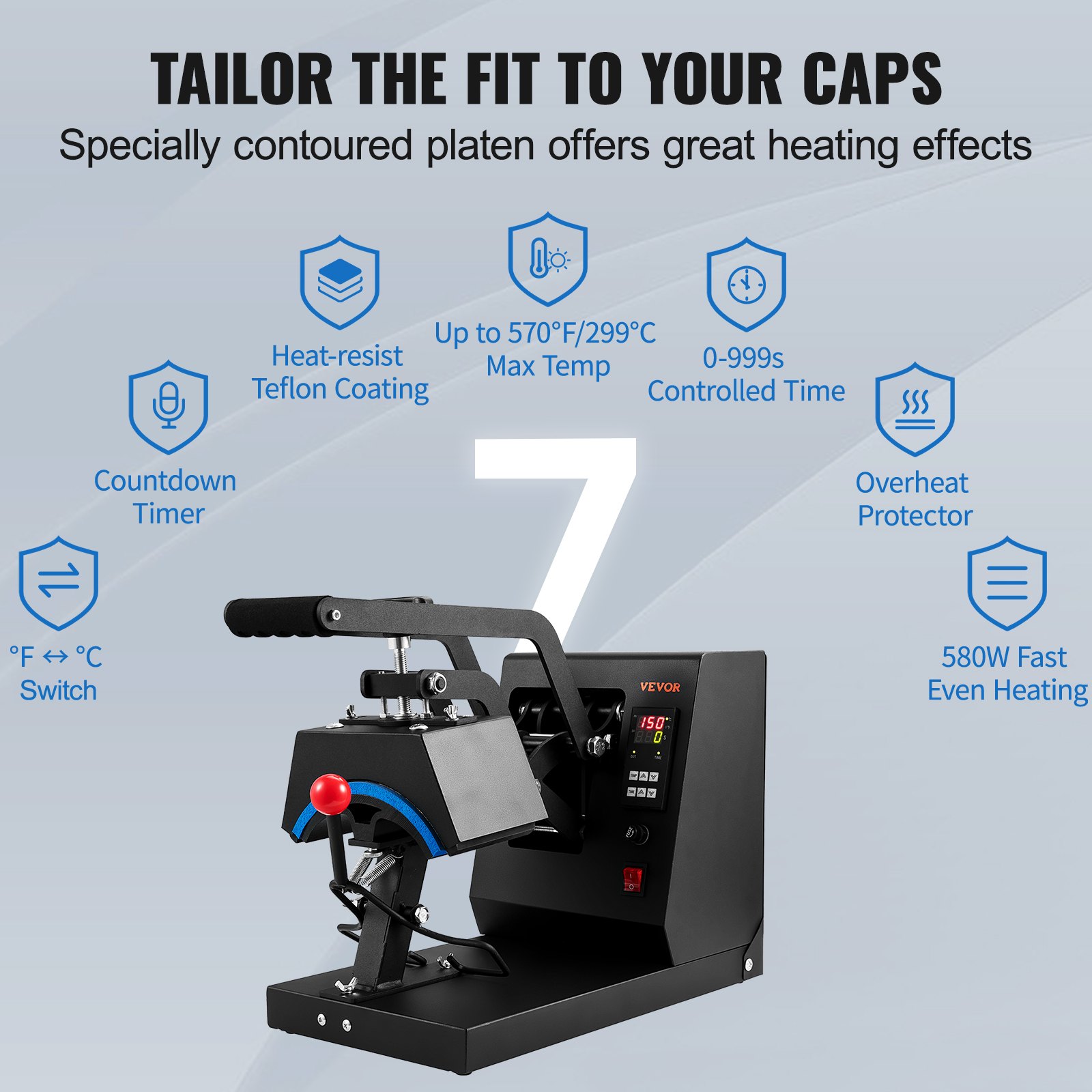 VEVORHat Press Machine, Mini Hat Heat Press For Caps With Integrated Control Panel, Cap Heat Press Machine With 5.9x3.15 Inch Curved Heating Plate