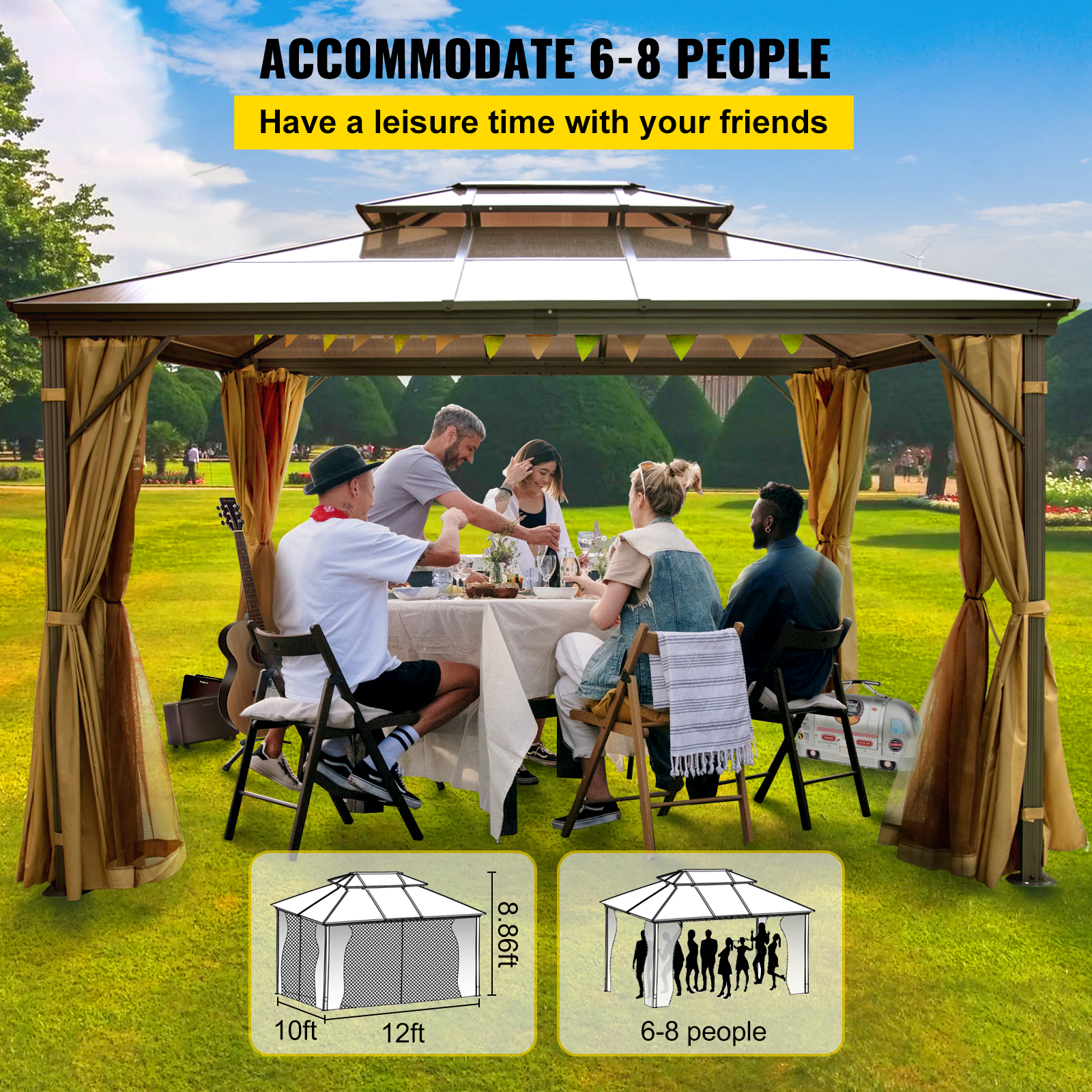 Patio Gazebo Canopy Hardtop with Mosquito Netting 10x12 ft Outdoor Gazebo Canopy VEVOR US