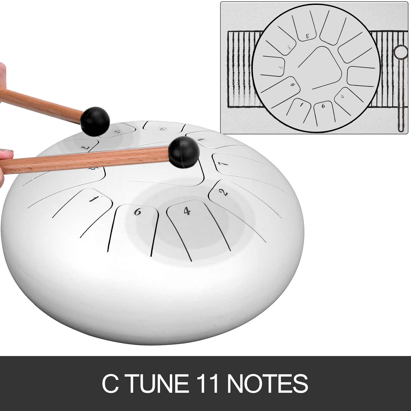 12"(30cm) 11 Notes White Steel Tongue Drum Handpan Steel Pan Drum Tank