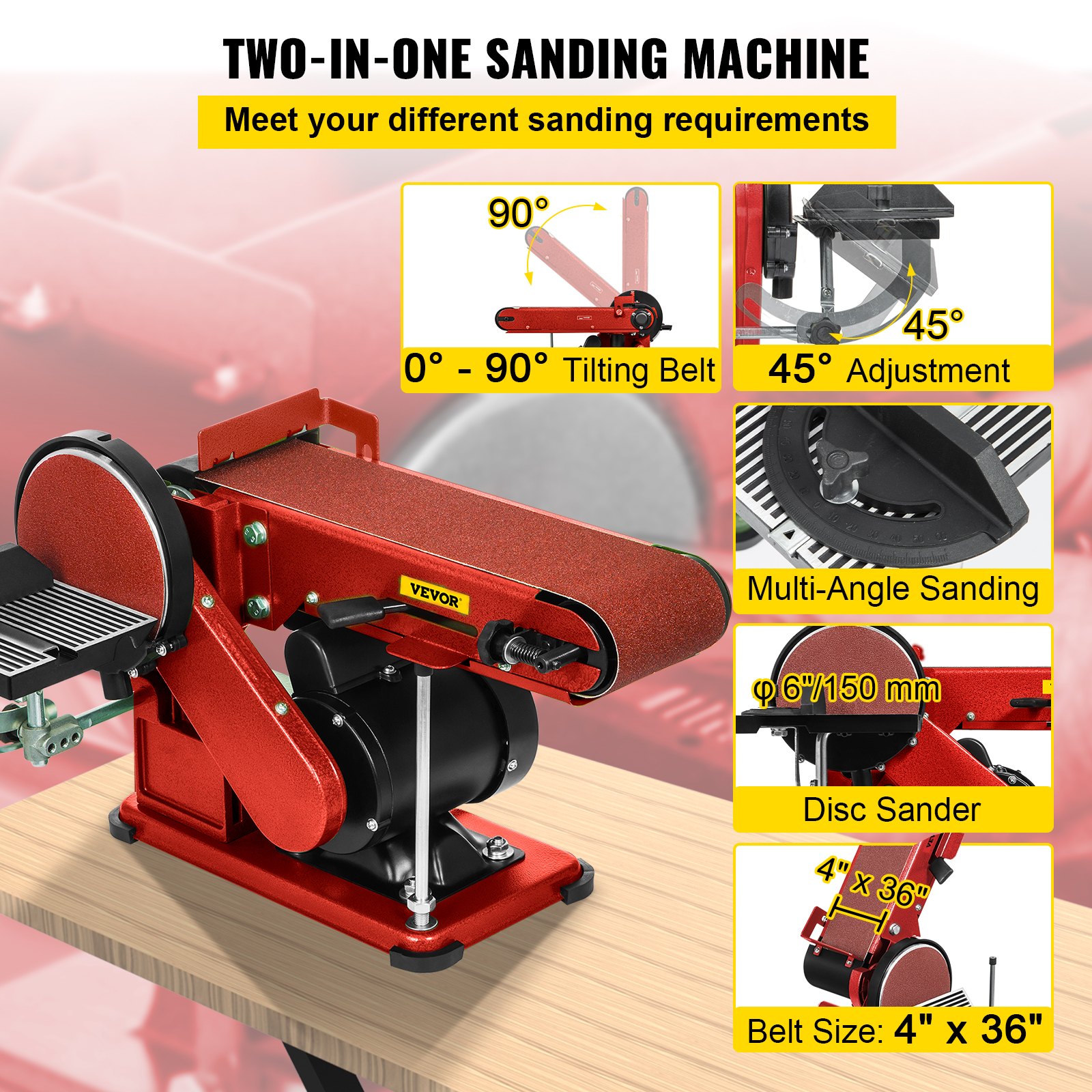 VEVOR Belt Disc Sander 4x36inch and 6inch Disc, Benchtop Disc Sander