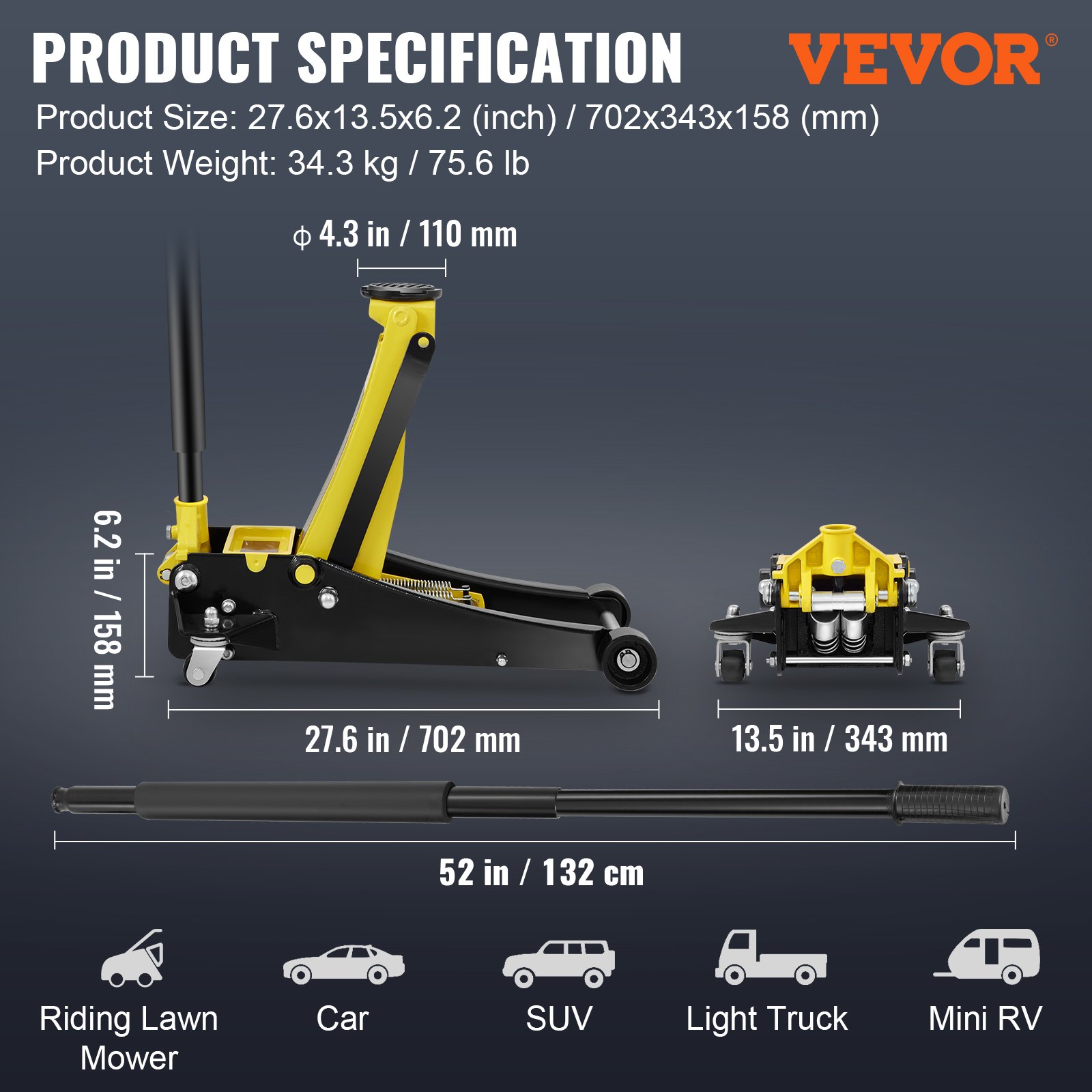 VEVOR Low Profile Floor Jack 3 Ton Heavy Duty Steel Dual Piston Rapid ...