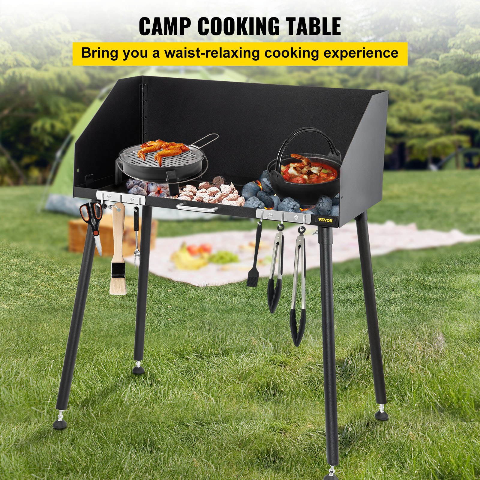 VEVOR Carbon Steel Camp Cooking Table 38 x 16 Inch with ThreeSided Windscreen and Legs for