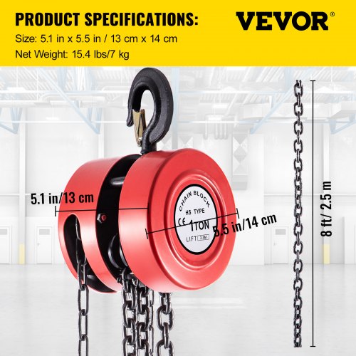 VEVOR Hand Chain Hoist, 2200 lbs /1 Ton Capacity Chain Block, 8ft/2.5m