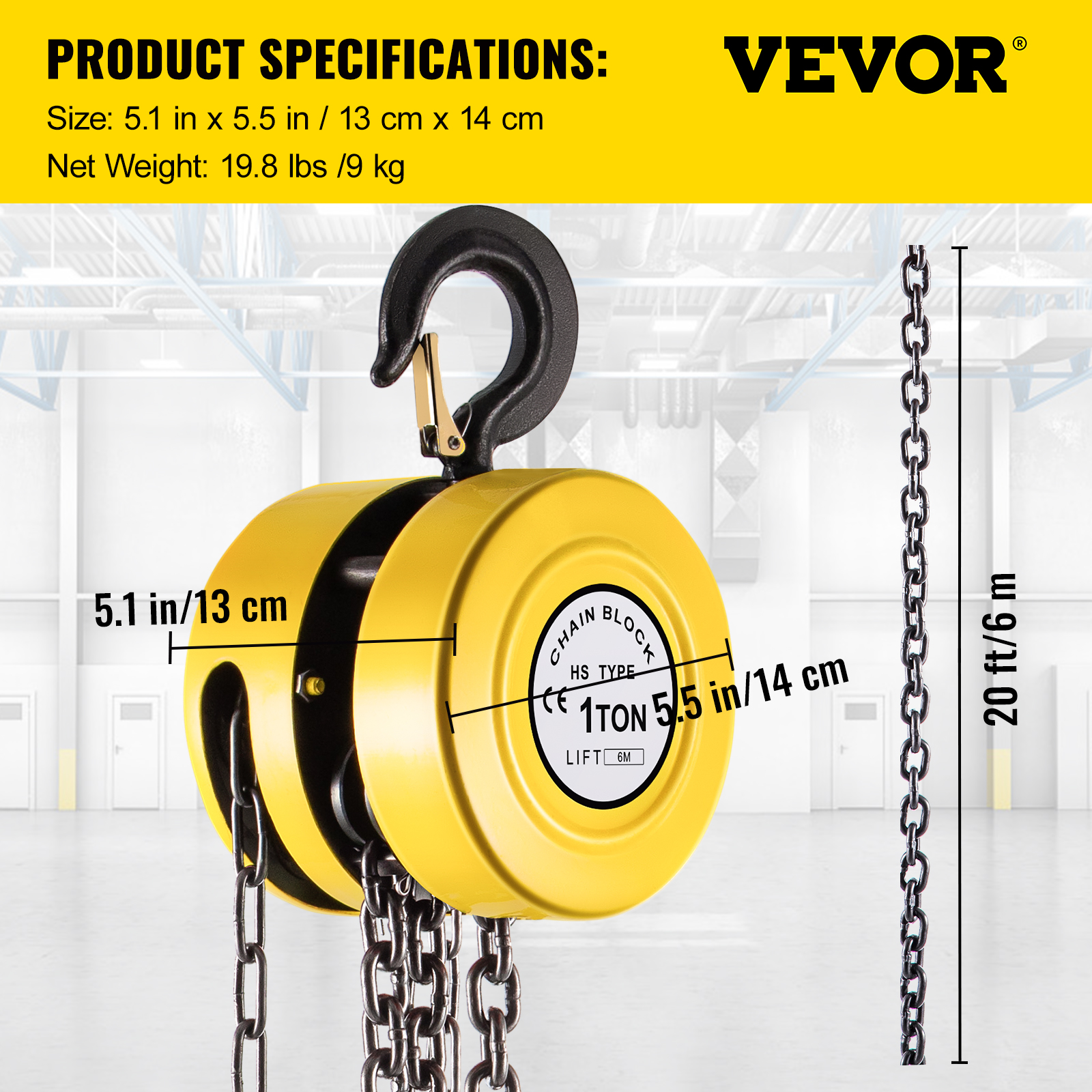 VEVOR Hand Chain Hoist, 2200 lbs /1 Ton Capacity Chain Block, 20ft/6m