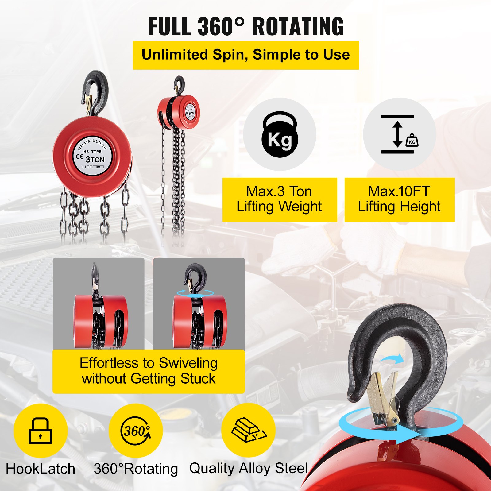 VEVOR Hand Chain Hoist, 6600 Lbs /3 Ton Capacity Chain Block, 10ft/3m - View #9