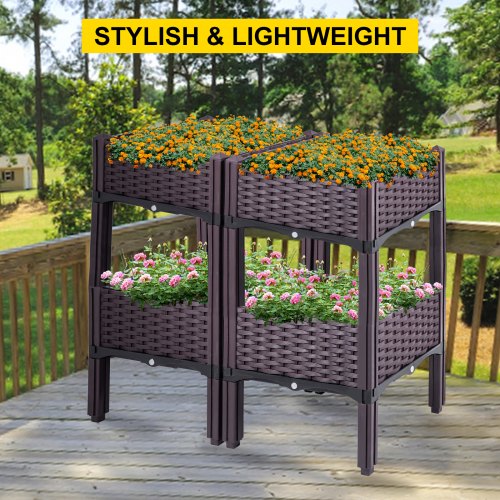 VEVOR Plastic Raised Garden Bed, 15.7H Flower Box Kit, Brown Rattan
