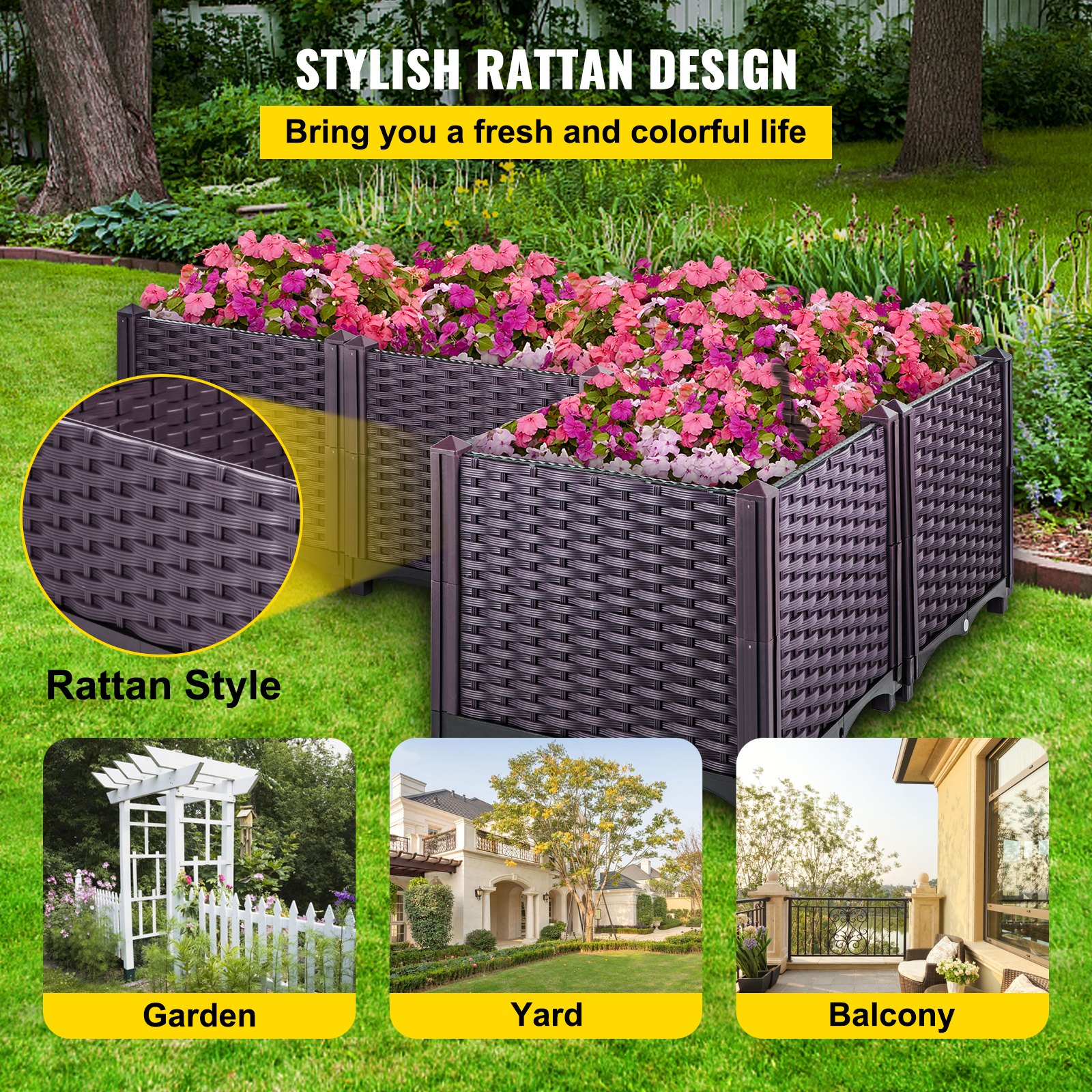 VEVOR Plastic Raised Garden Bed, Set of 4 Planter Grow Box, 14.5" H