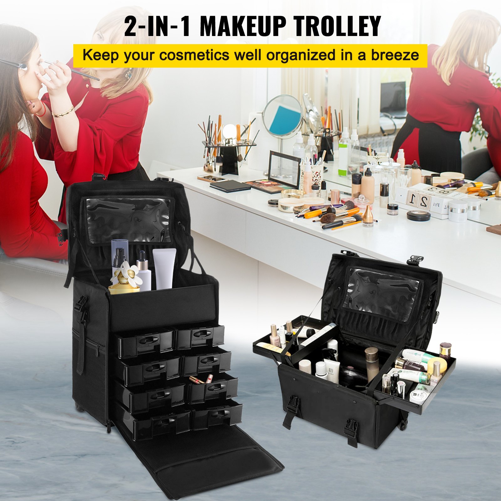 VEVOR 2 in 1 Nylon Rolling Makeup Case with Wheels Travel Cosmetic
